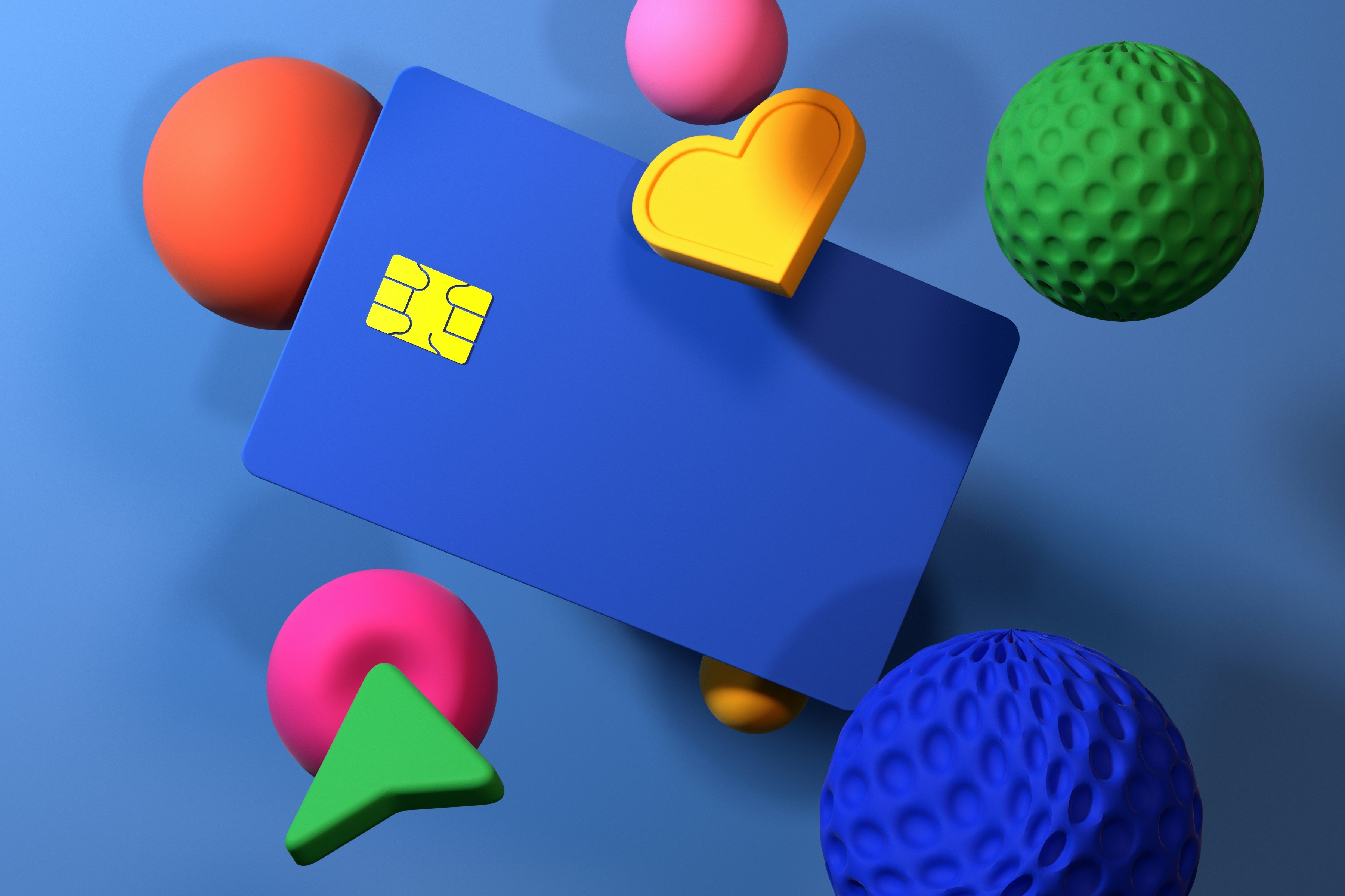 A blue credit card surrounded by colorful geometric shapes on a blue background