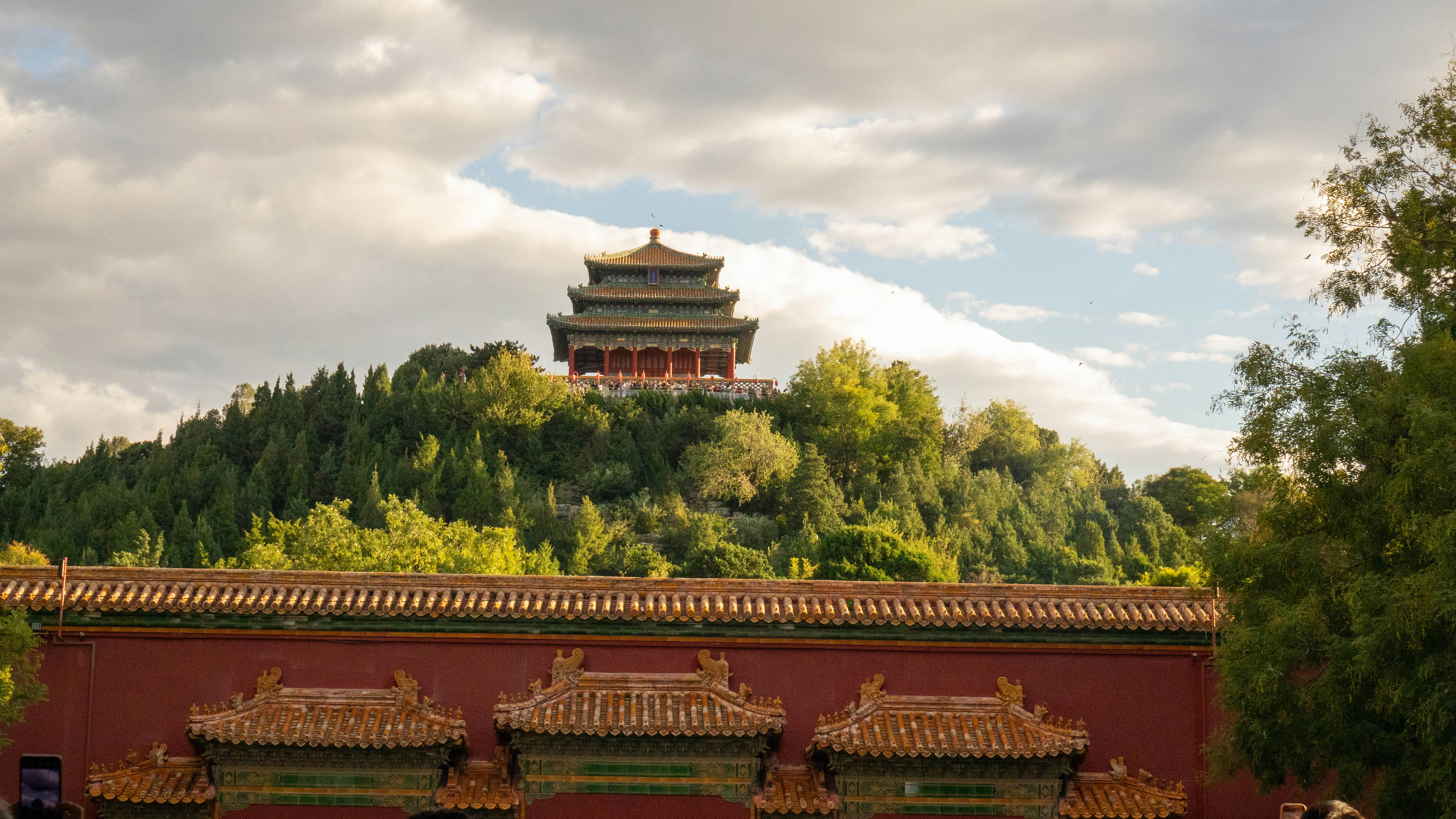 The Wanchun Pavilion atop Jingshan Hill overlooking the Forbidden City in Beijing