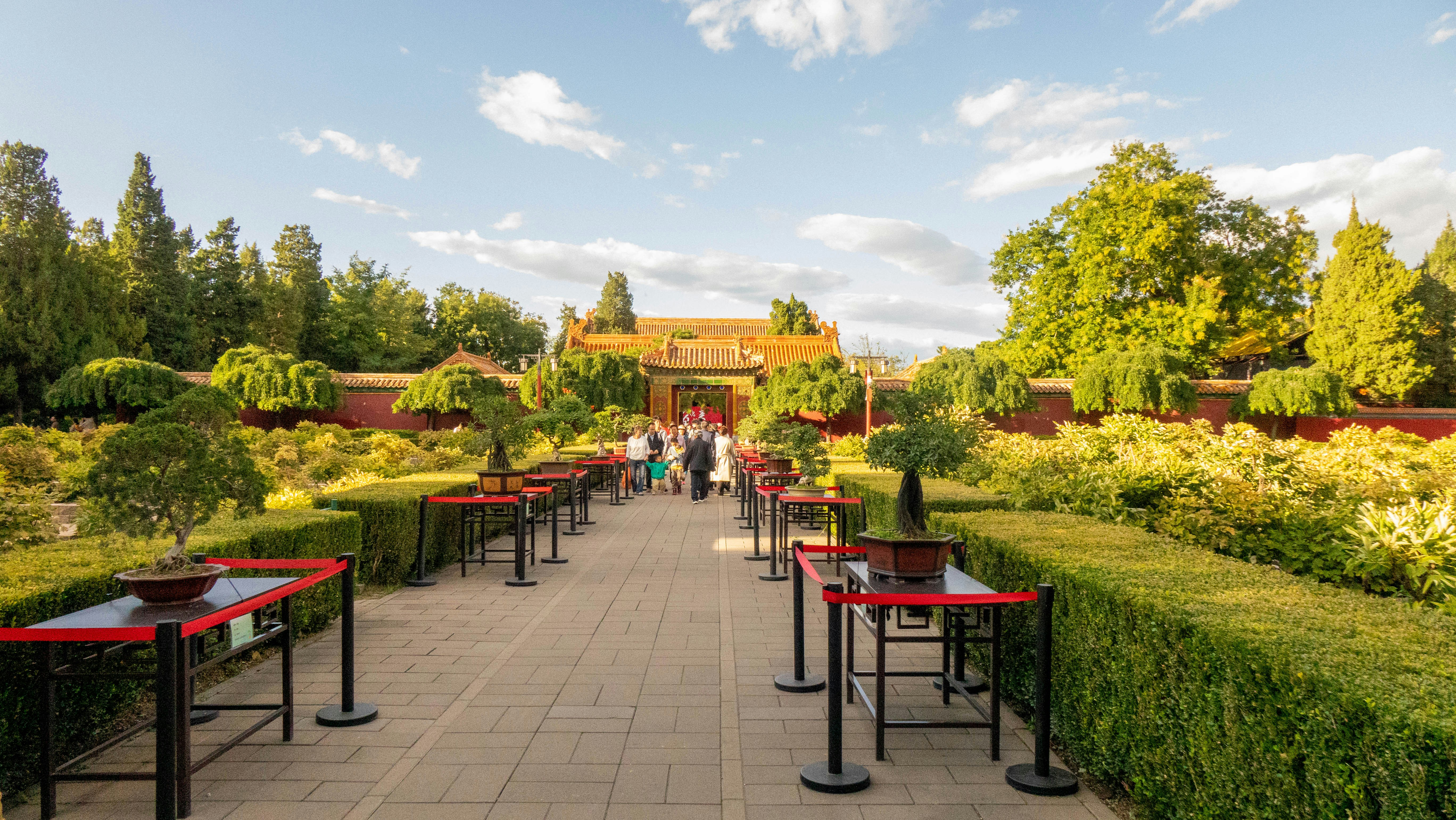 A stone path lined with bonsai trees on tables leading to a traditional gate