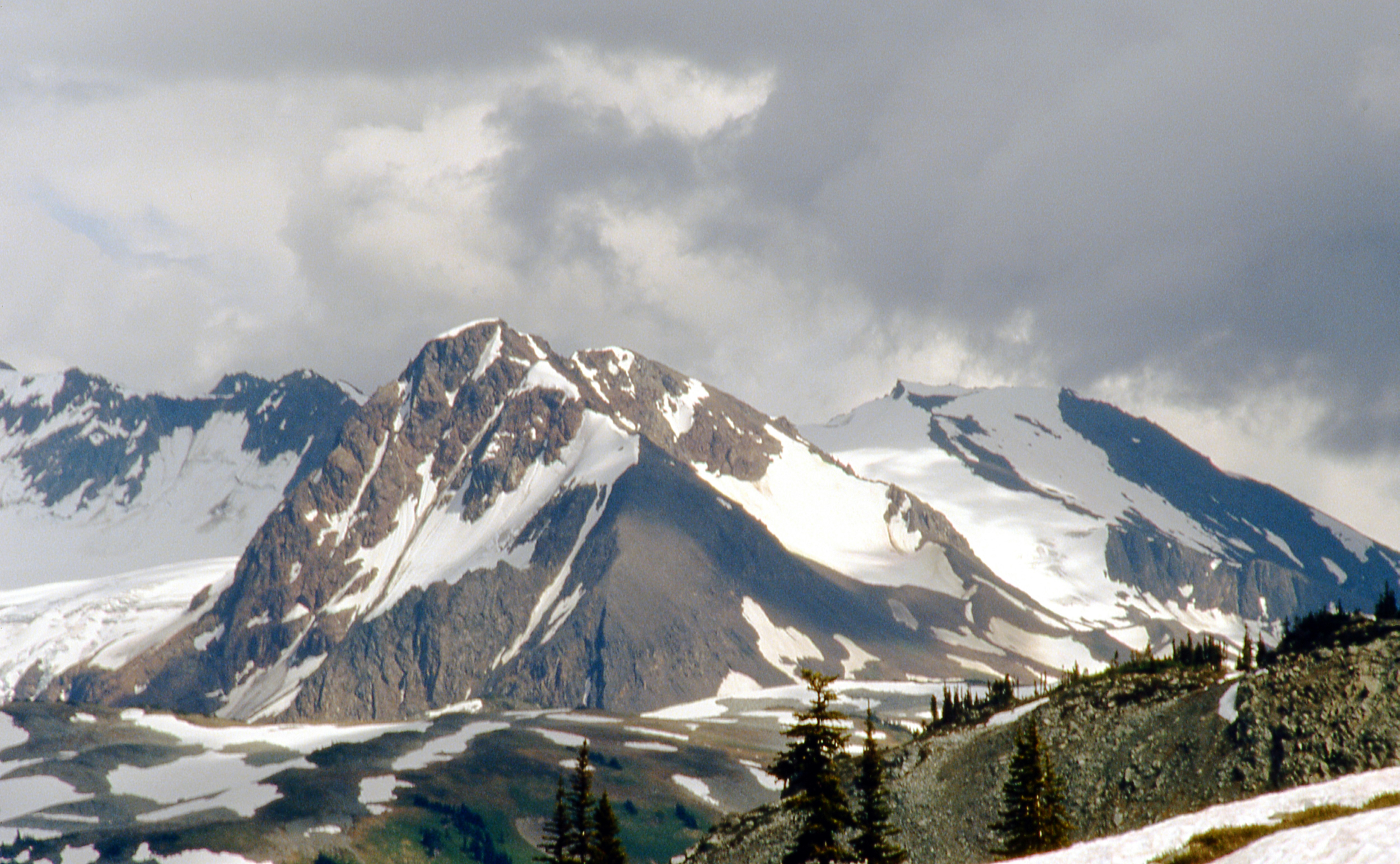 Snow-capped mountain peaks under a cloudy sky with evergreen trees in the foreground