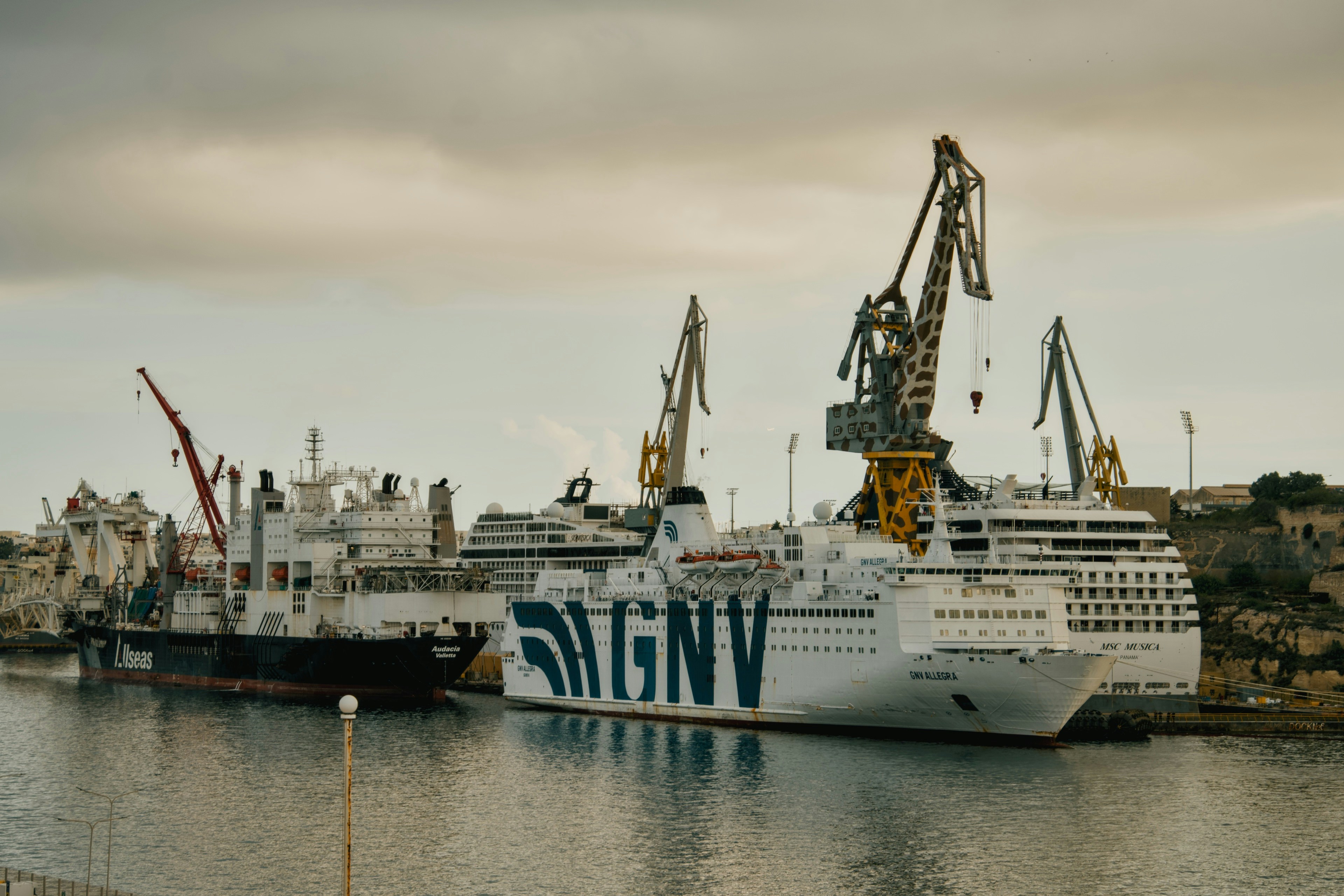 Large ships and industrial cranes at a harbor under a cloudy sky