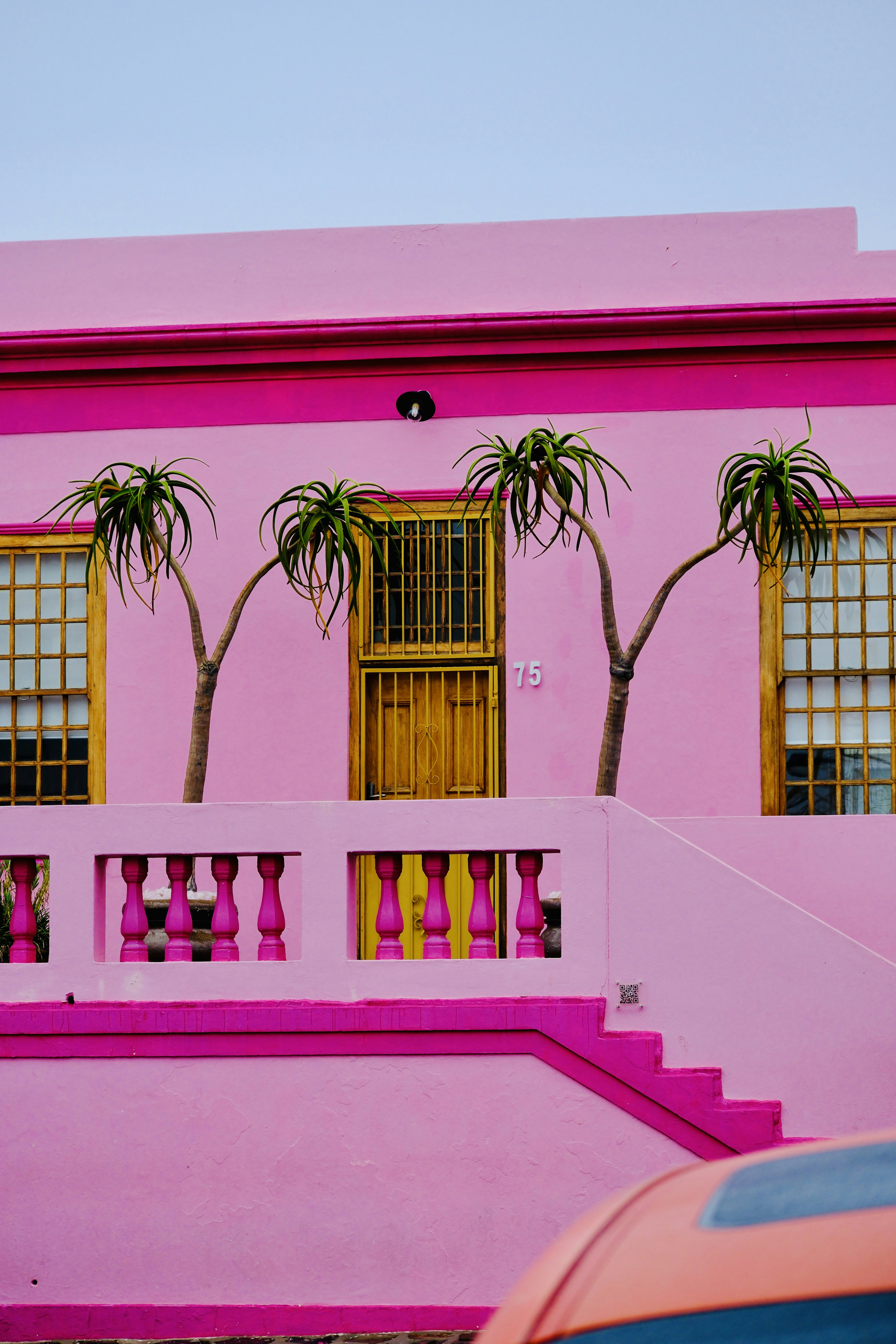 Three small palm trees in front of a bright pink house with yellow doors