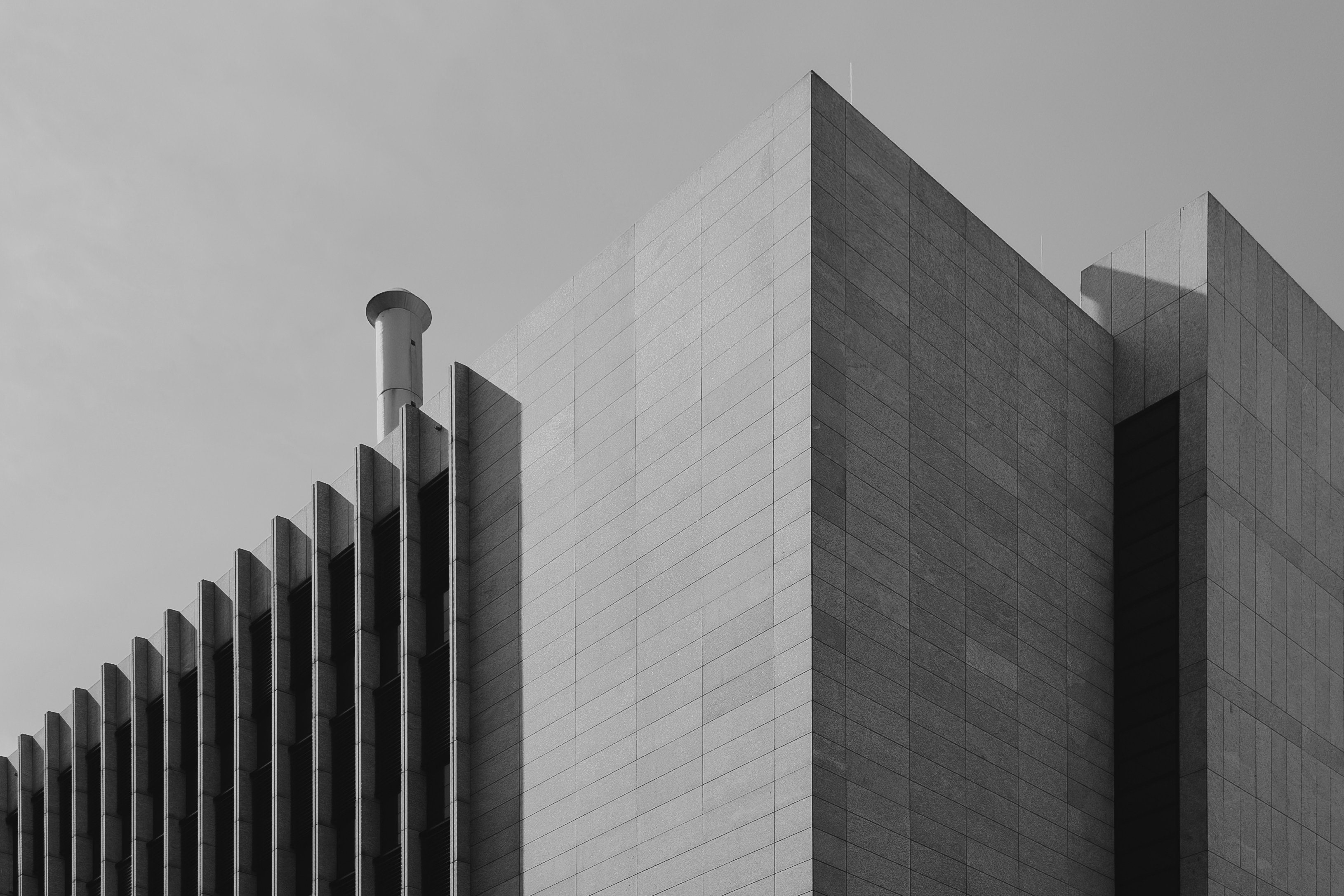 Eine moderne Gebäudefassade mit Steinziegeln und vertikalen Flossen in Schwarz-Weiß