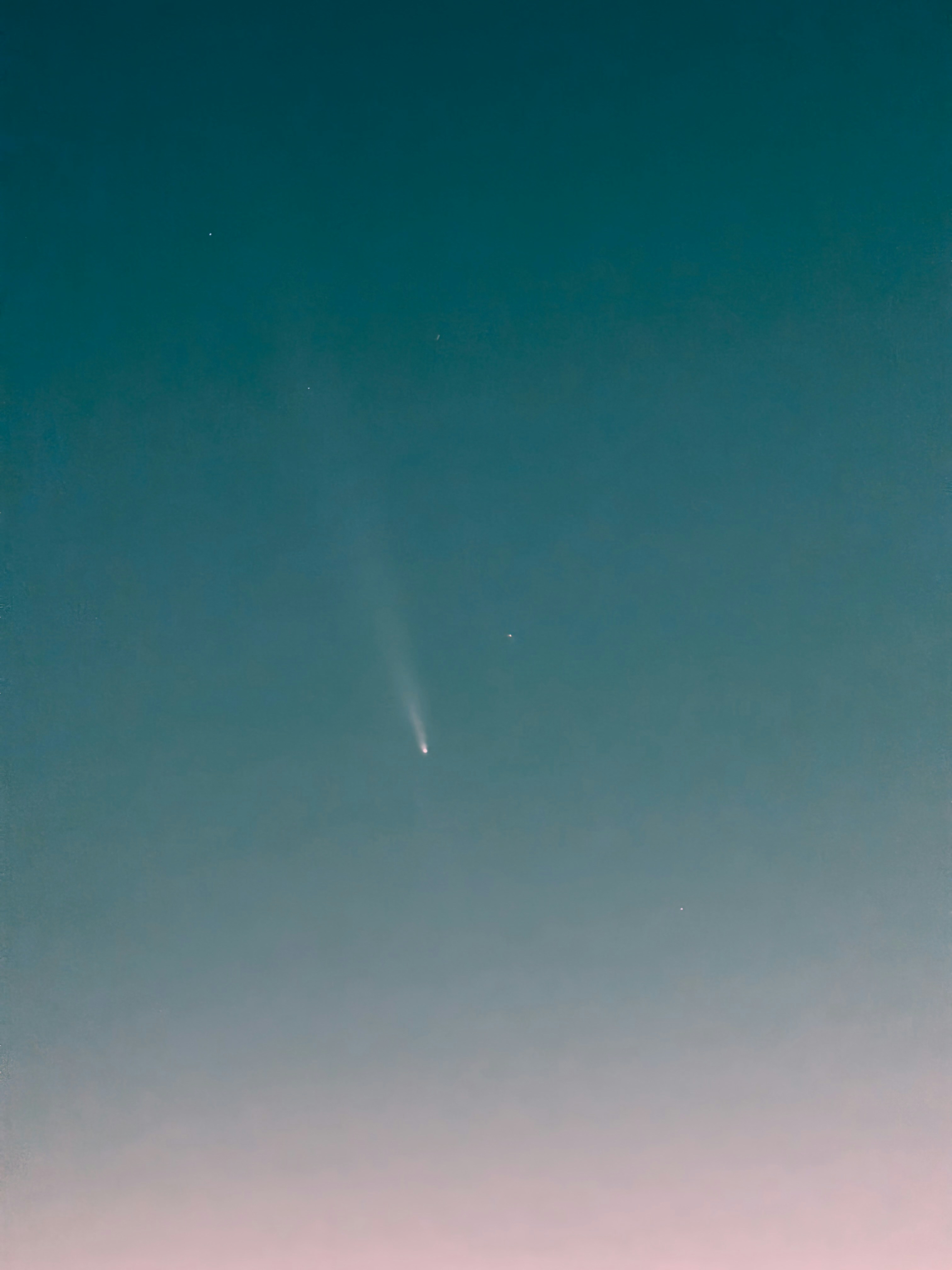 澄んだ黄昏の空にかすかな尾を持つ彗星