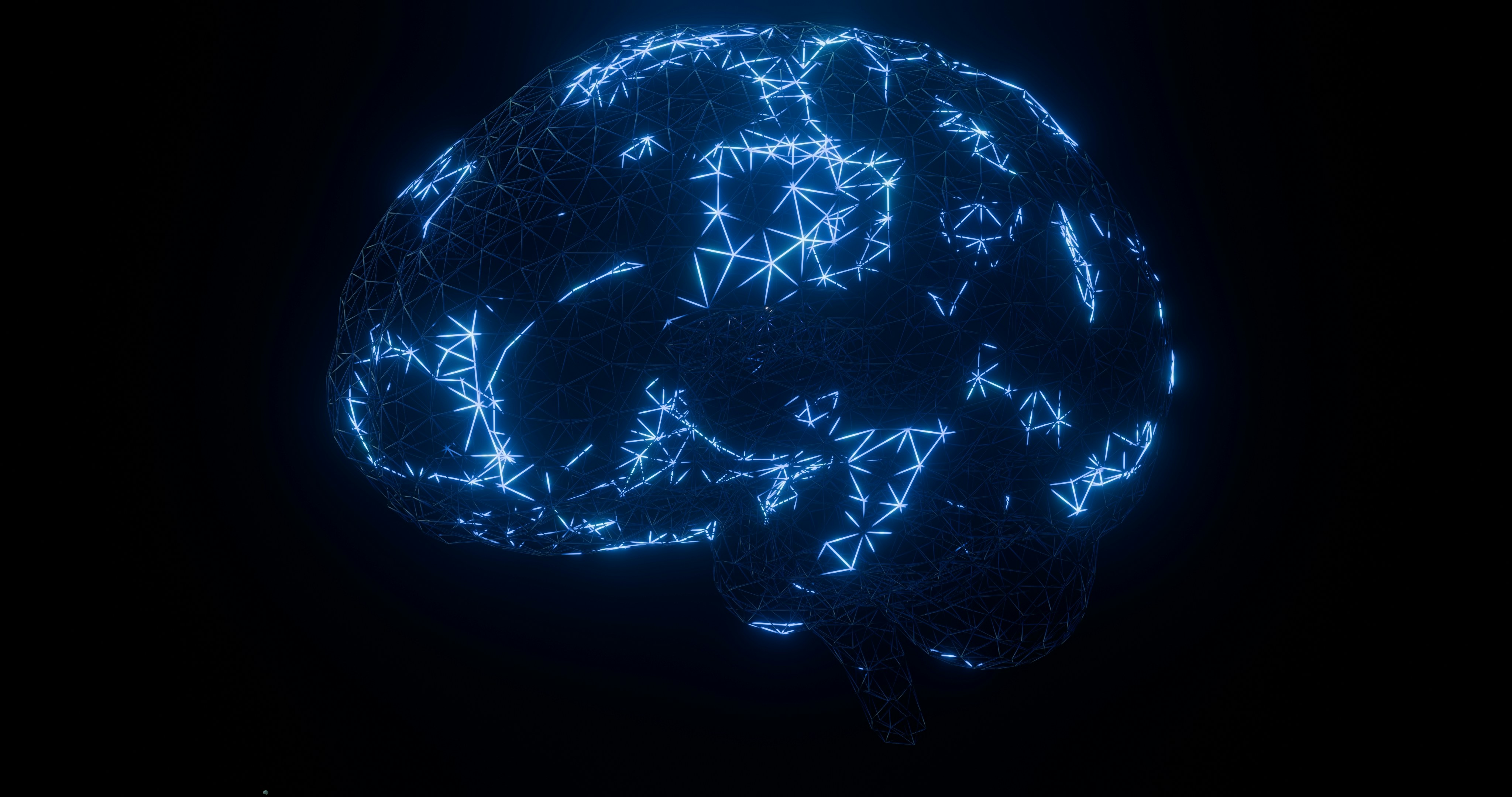 A glowing blue wireframe human brain against a solid black background