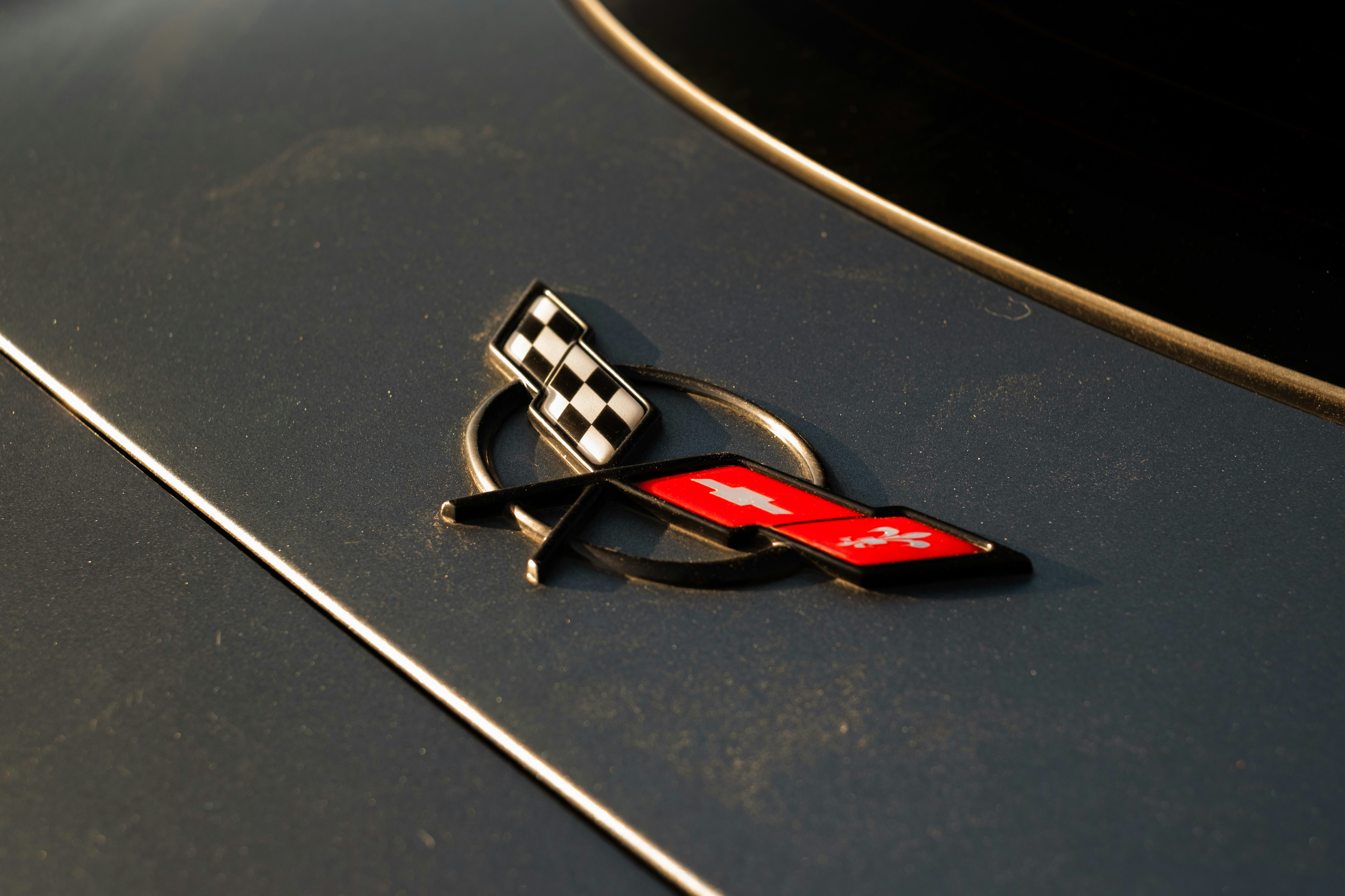Eine karierte Flagge und ein rotes Emblem auf der grauen Metalloberfläche eines Autos