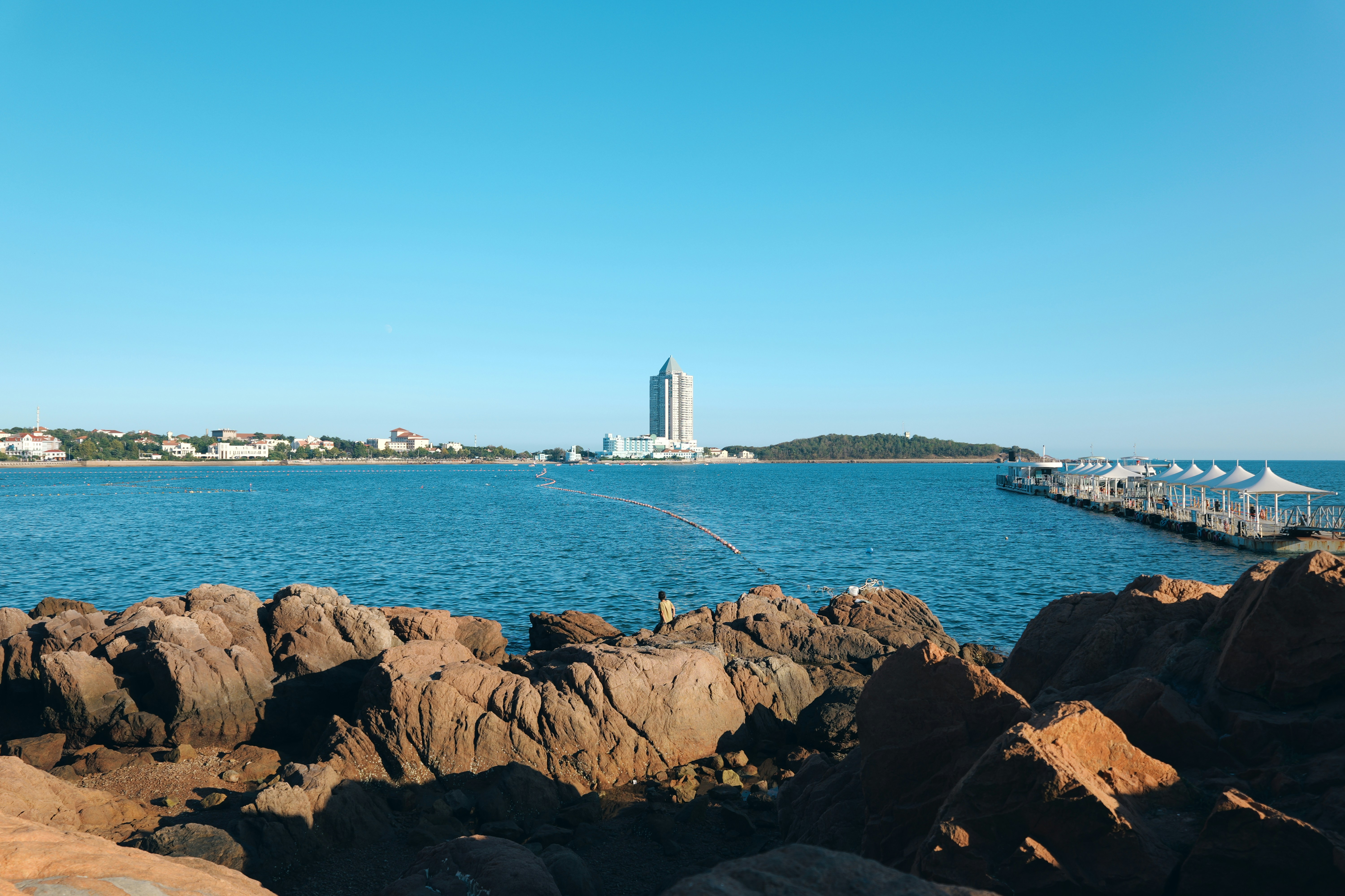 A person on rocky shore looking toward a distant city skyline and pier