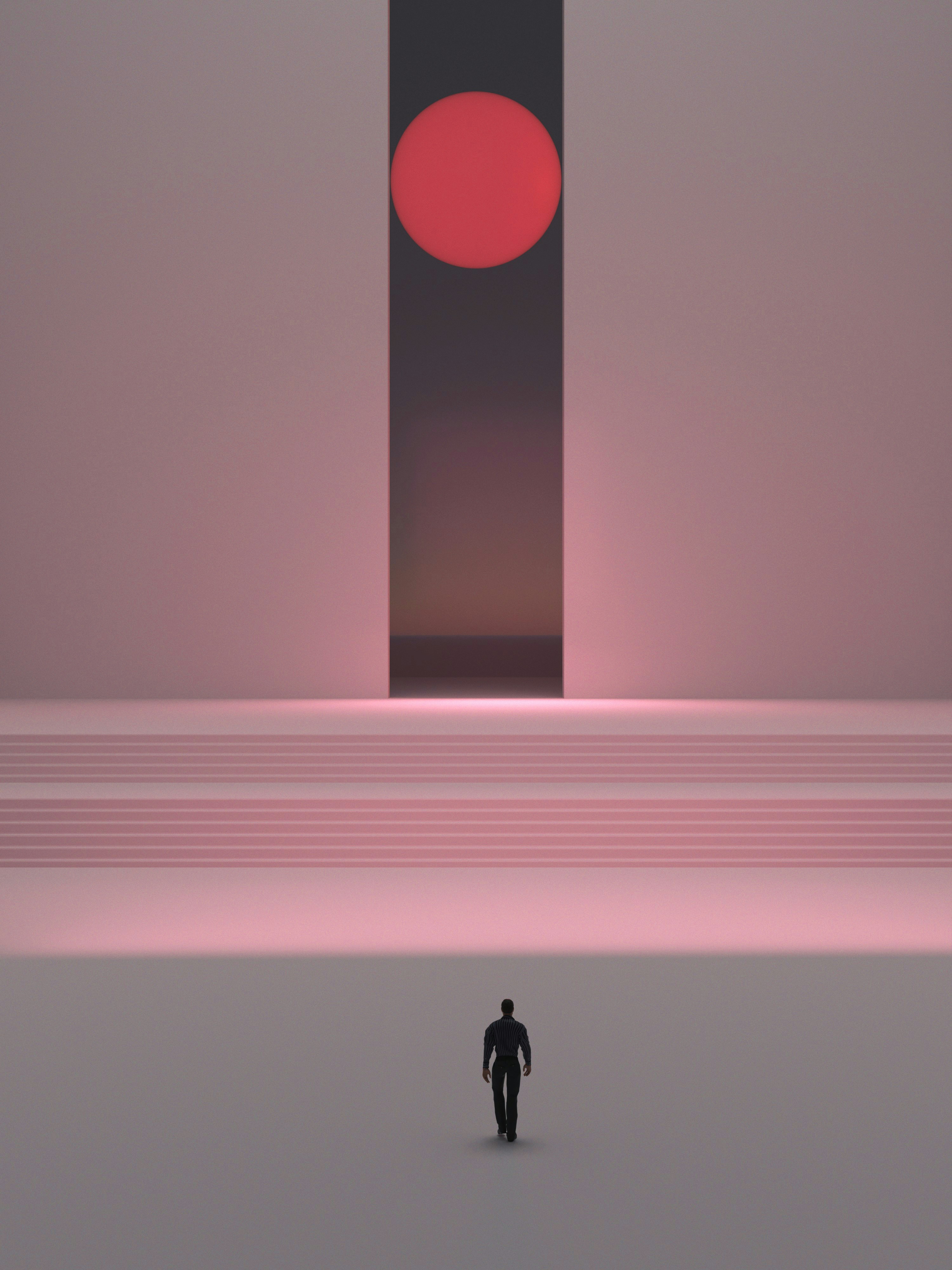 A person walking toward a large pink doorway with a red circle above