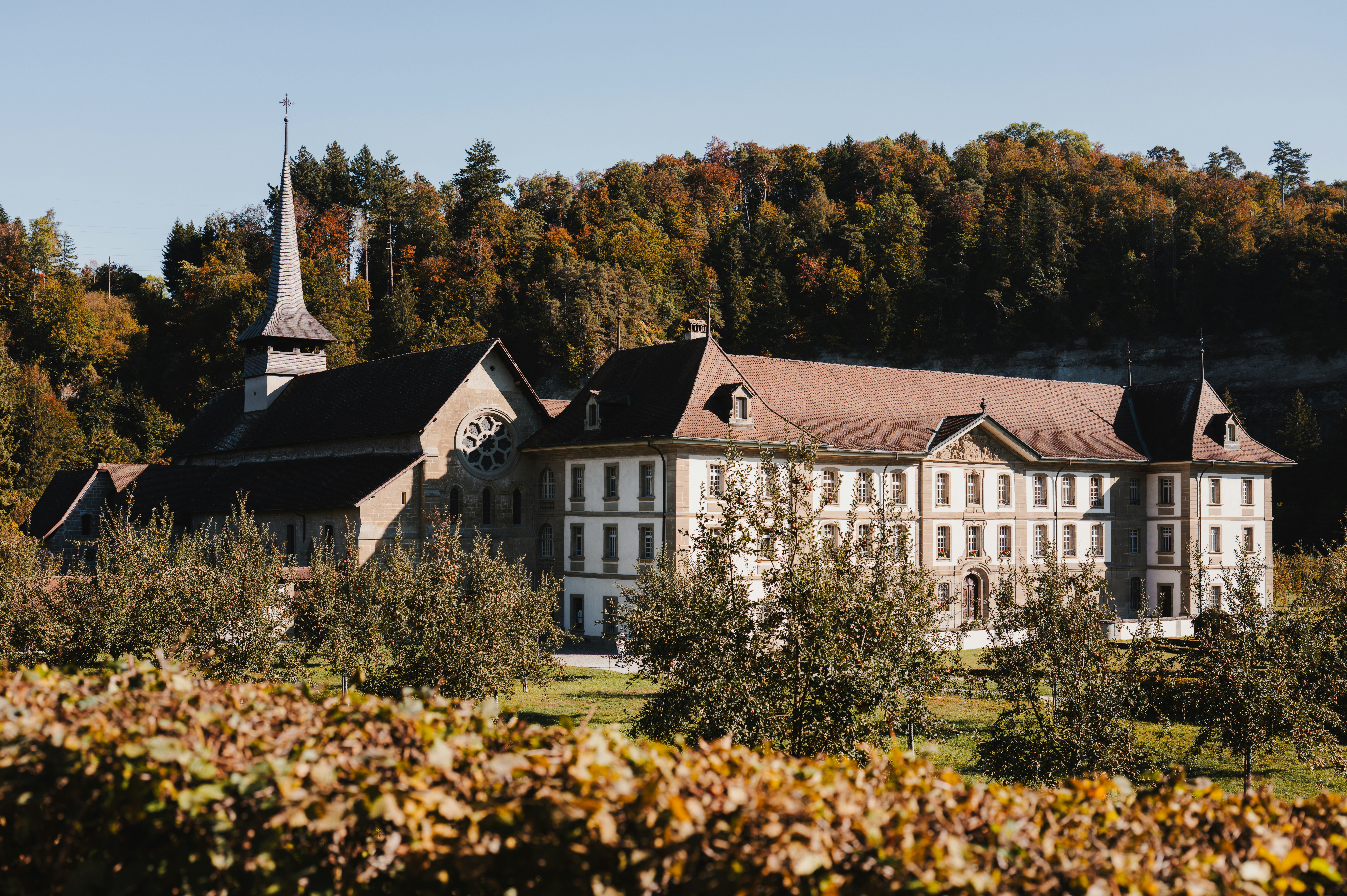 A historic monastery with a tall spire and orchard in an autumnal forest