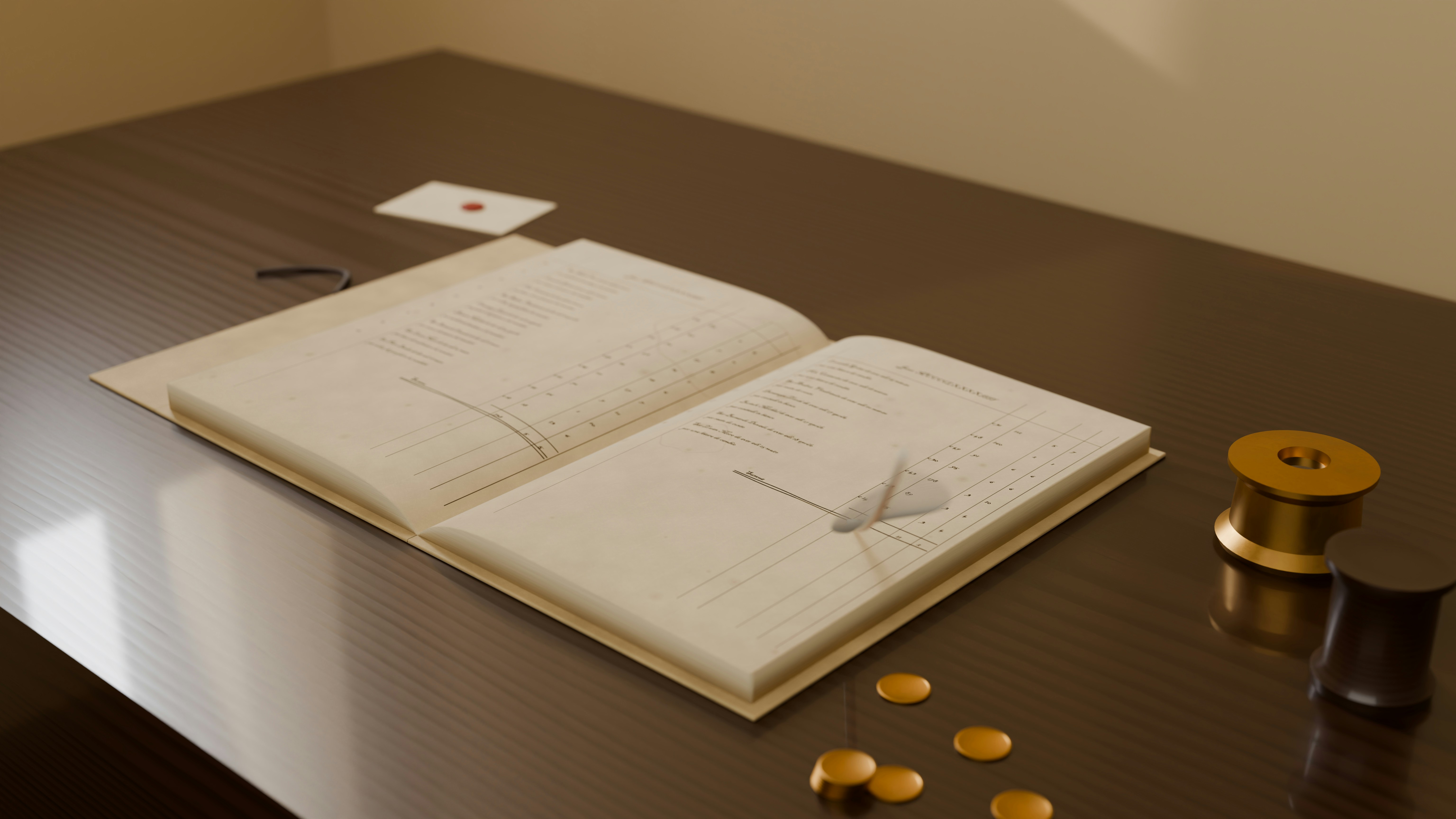 Registre de comptes ouvert sur un bureau en bois sombre, à côté de poids de balance dorés, image d’illustration du budget 2027 de la Côte d’Ivoire