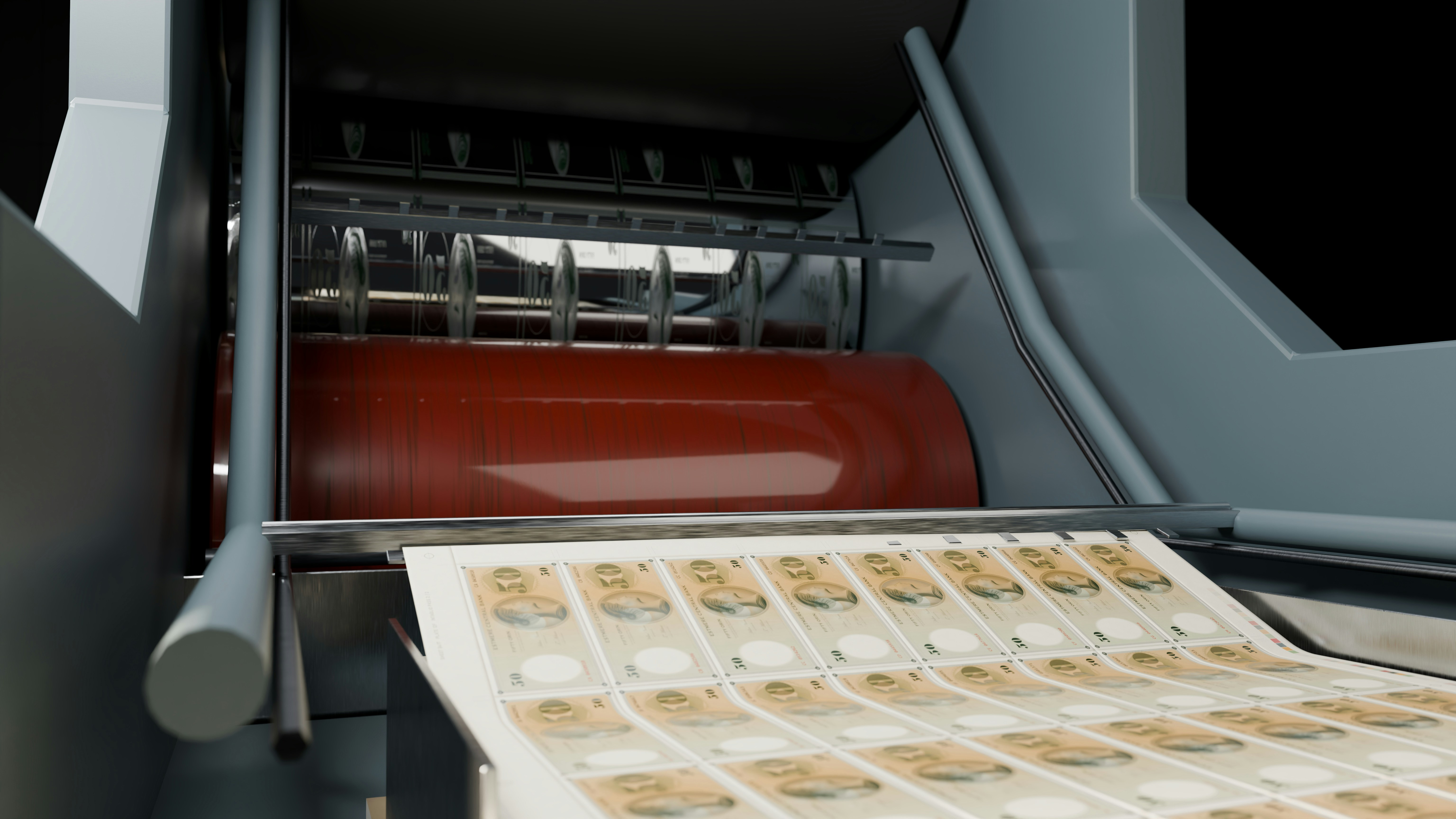 A sheet of fifty currency notes moving through an industrial printing press