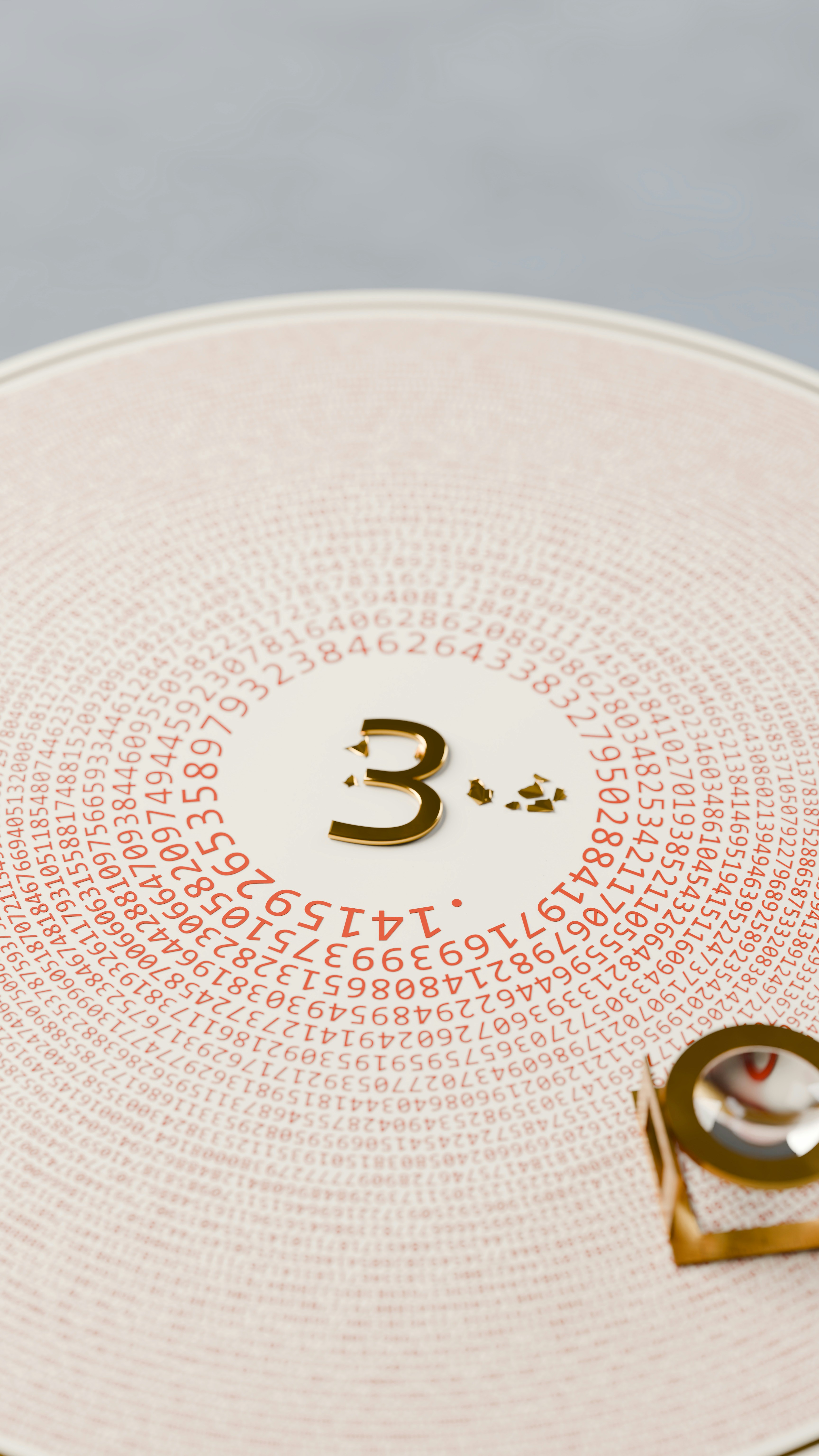 A gold number three on a circular surface printed with concentric rows of digits