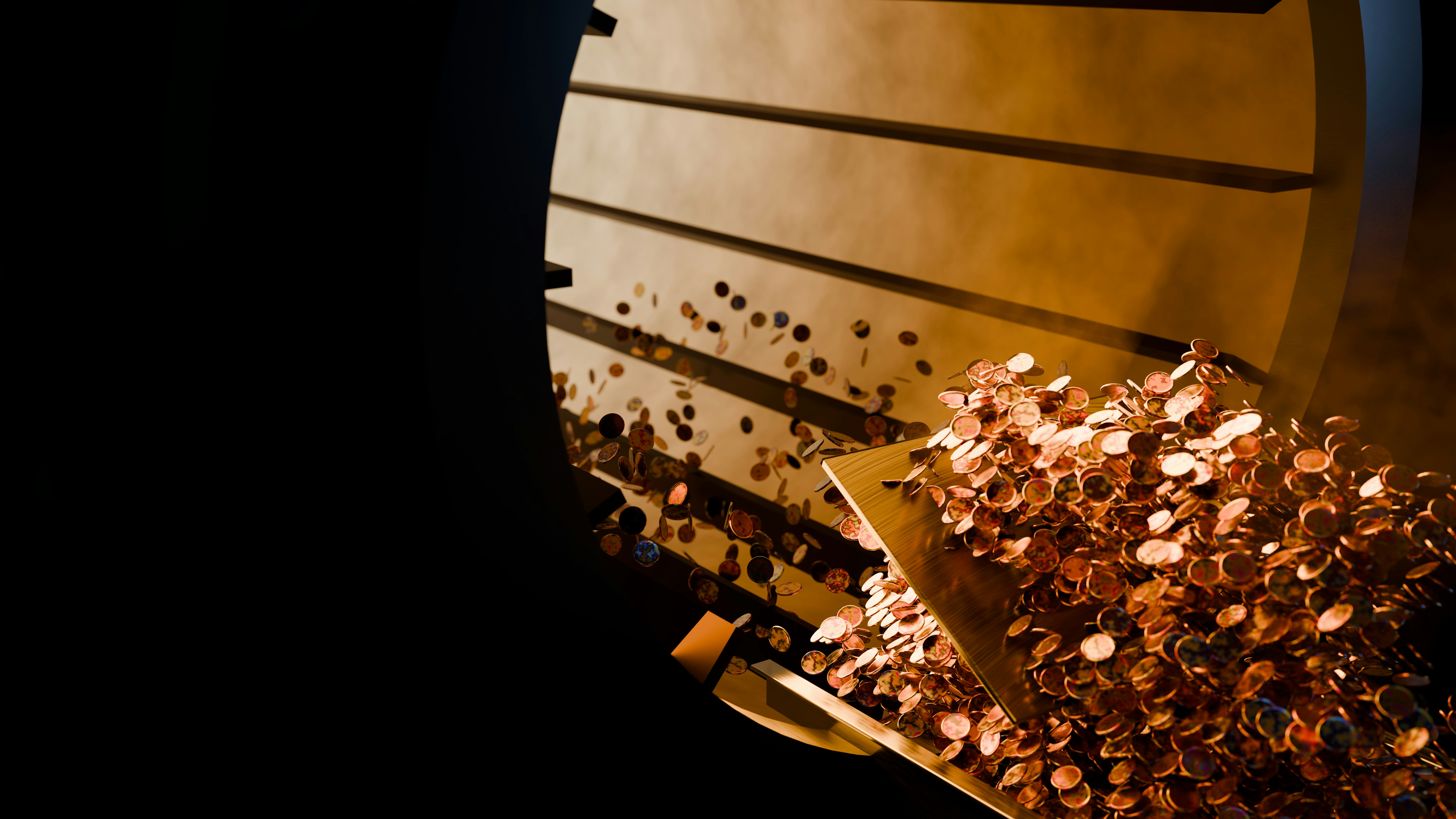 A large pile of copper coins spilling from a circular bank vault door