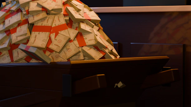 A large pile of stacked paper money bundles in a wooden wheelbarrow