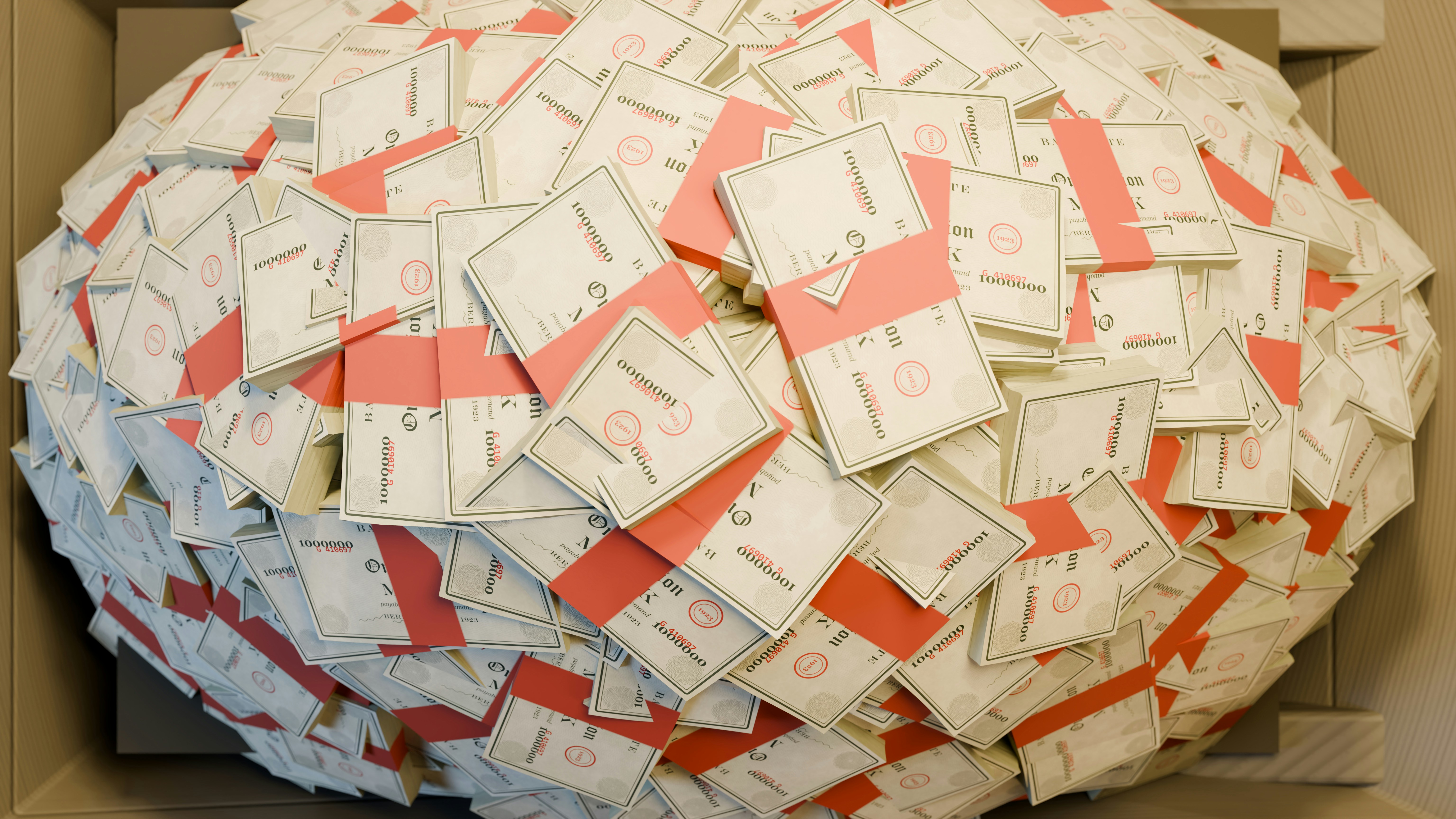 A large pile of stacks of paper money bound with red paper bands
