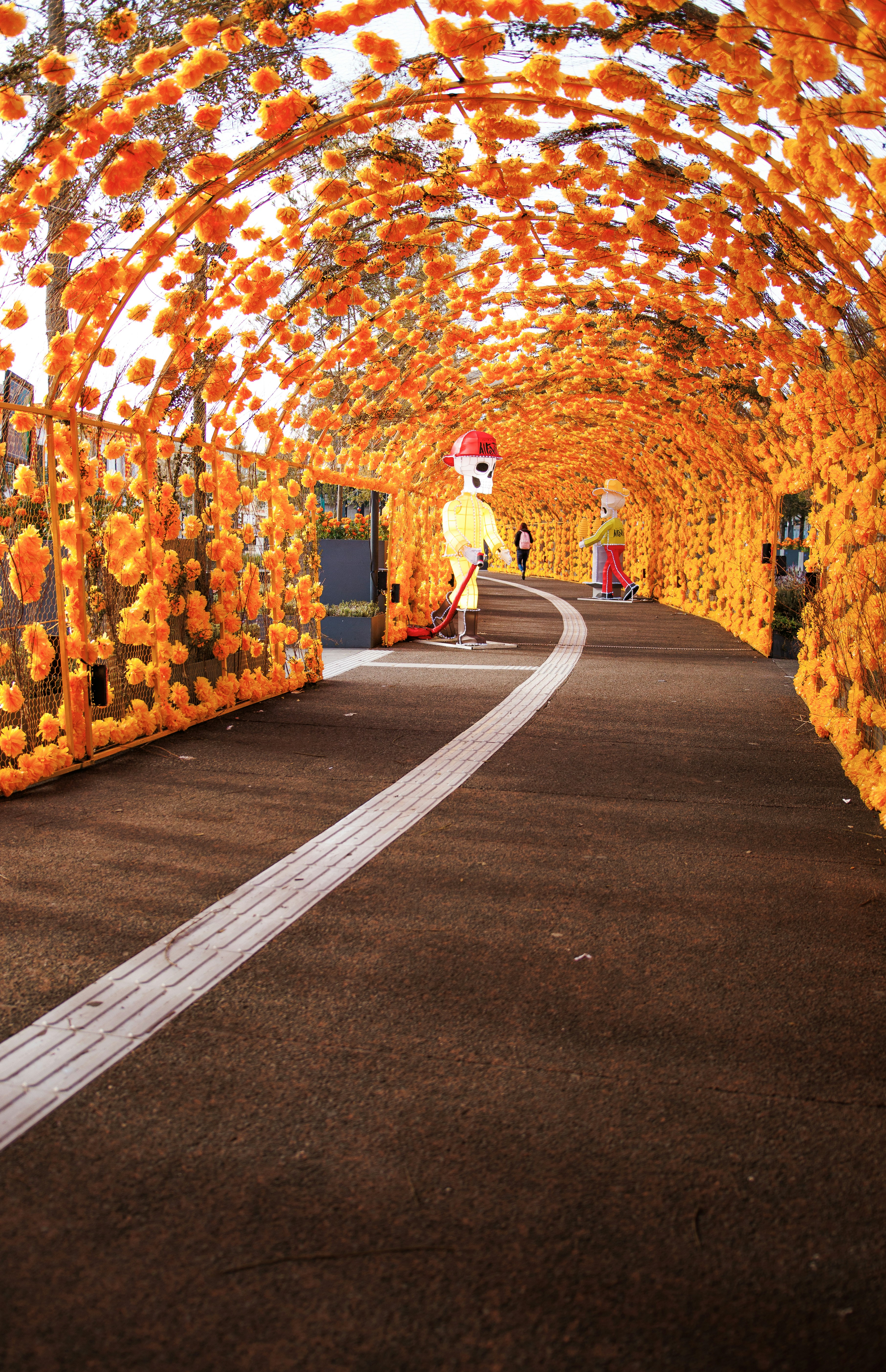 A tunnel covered in orange marigold flowers with two skeleton figures on a path