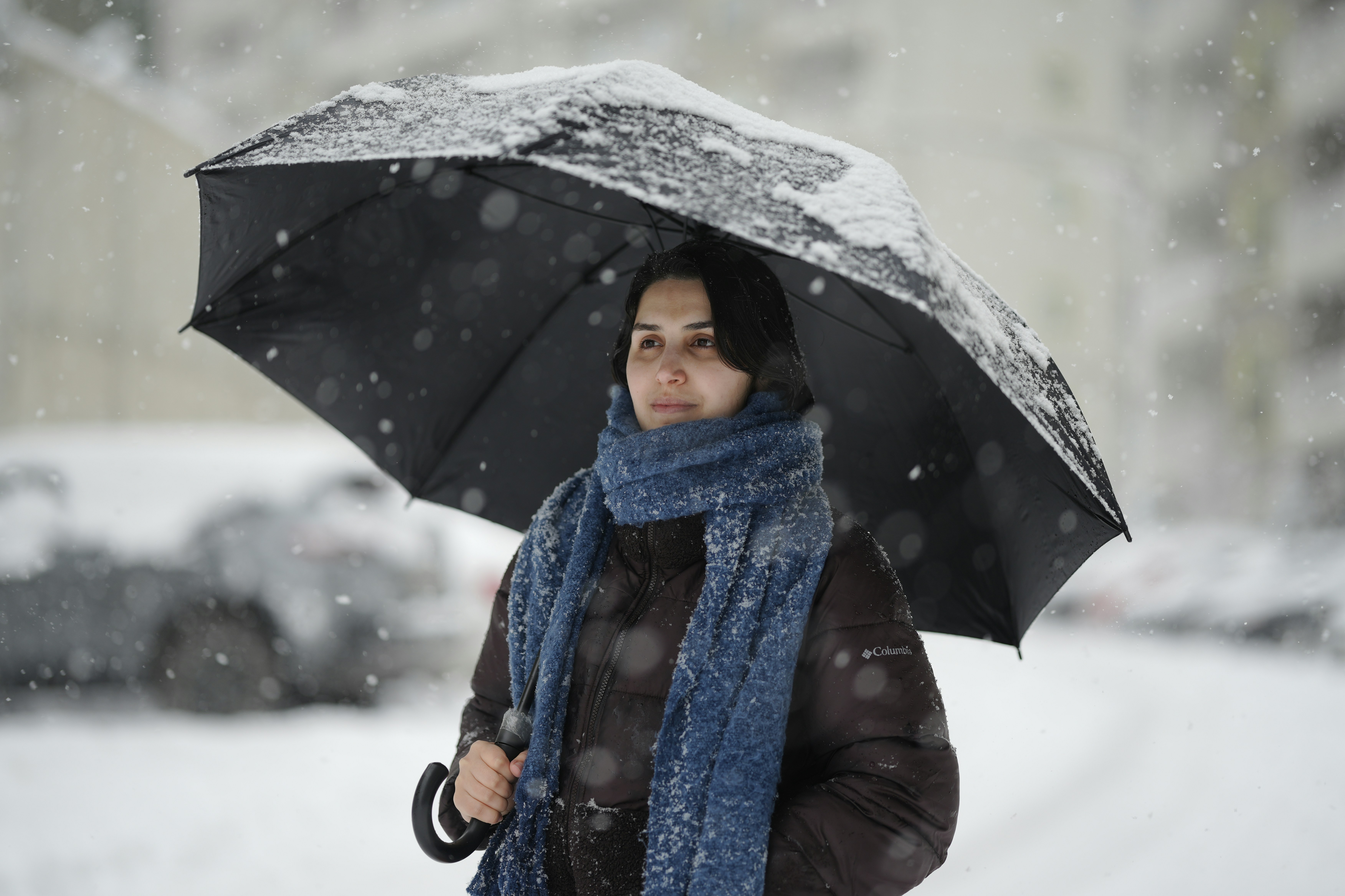 暗いジャケットと青いマフラーを身に着け、雪の降りの中で黒い傘を持った女性