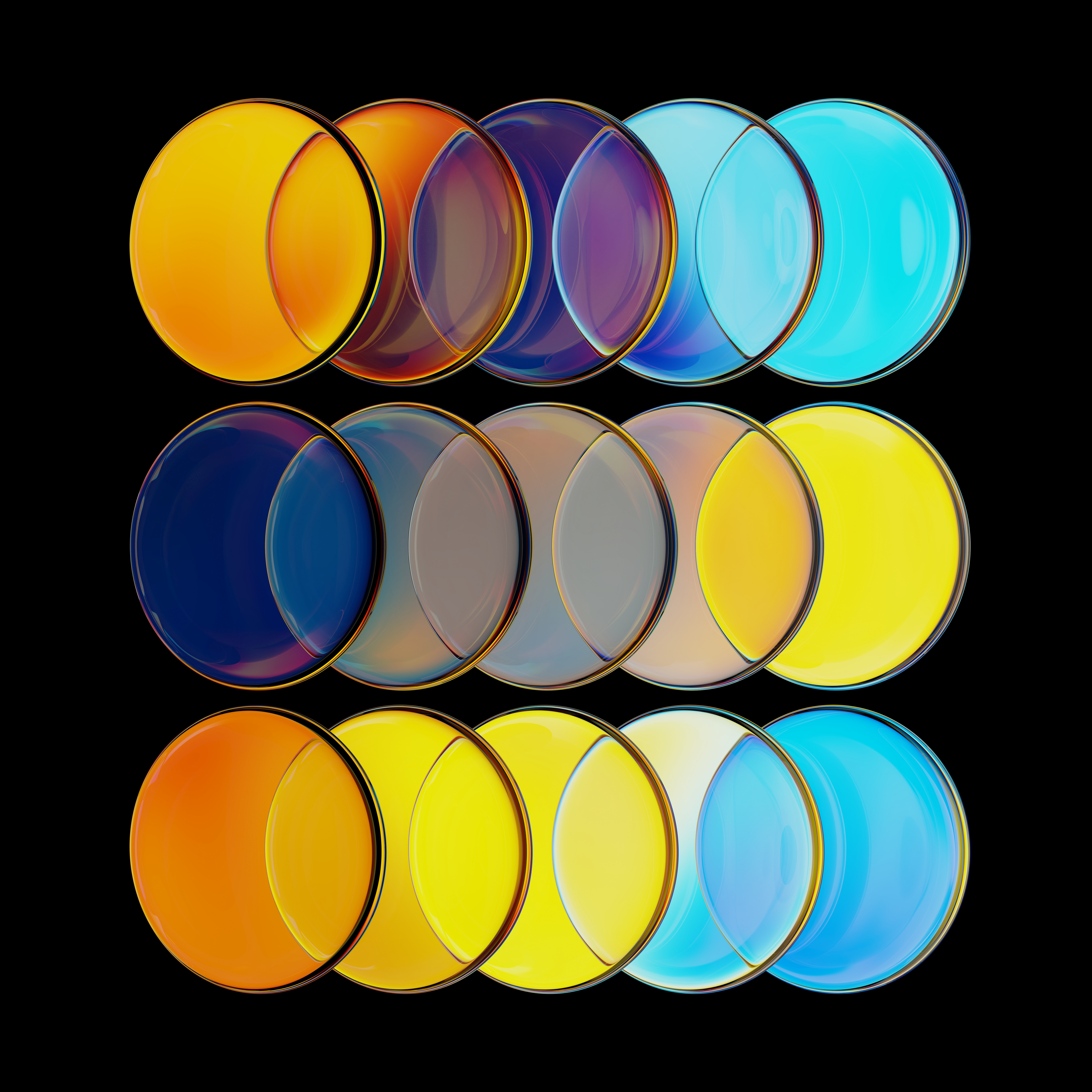 A grid of fifteen overlapping colorful glass circles against a black background