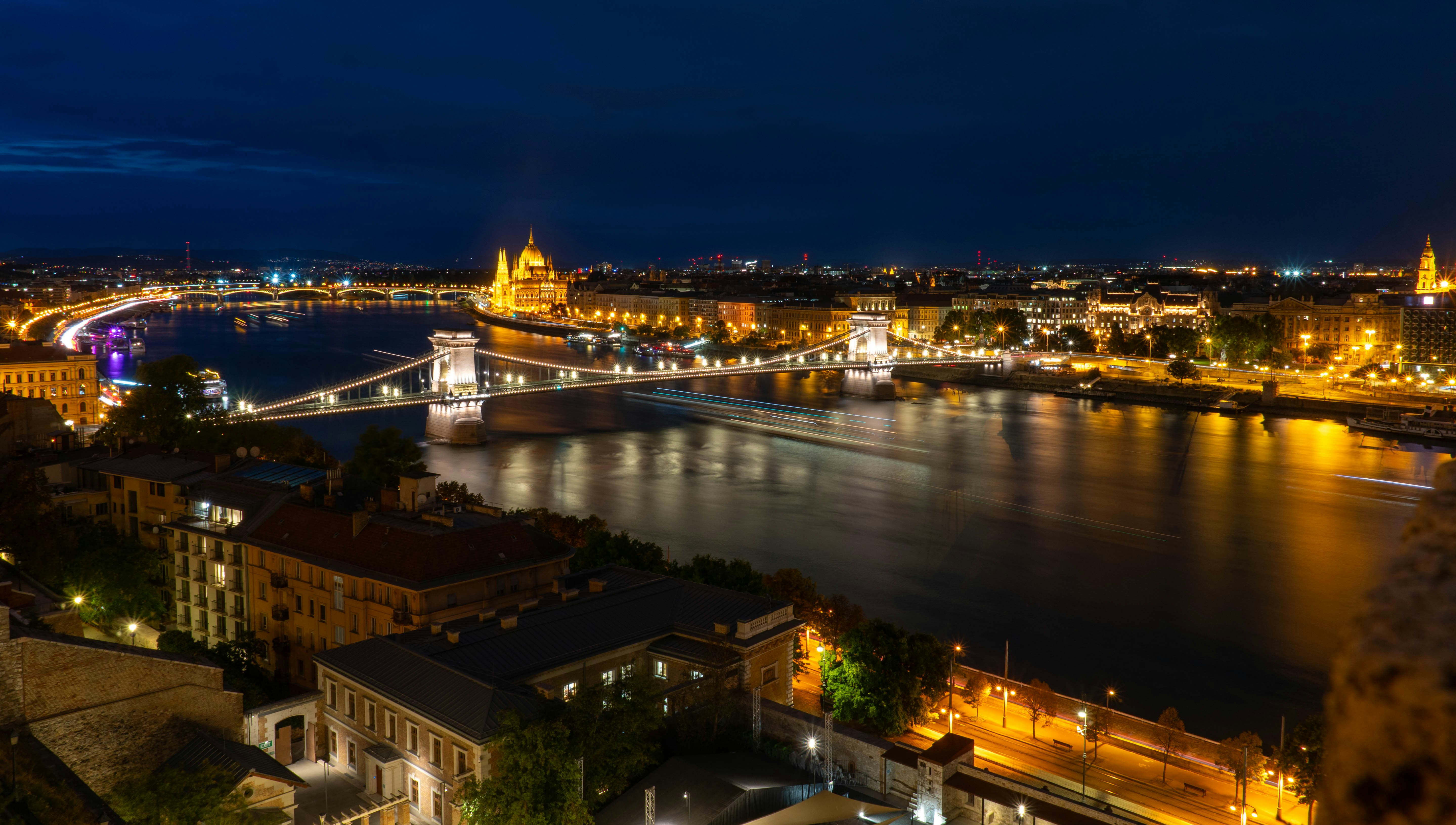 The illuminated Széchenyi Chain Bridge over the Danube river in Budapest at night