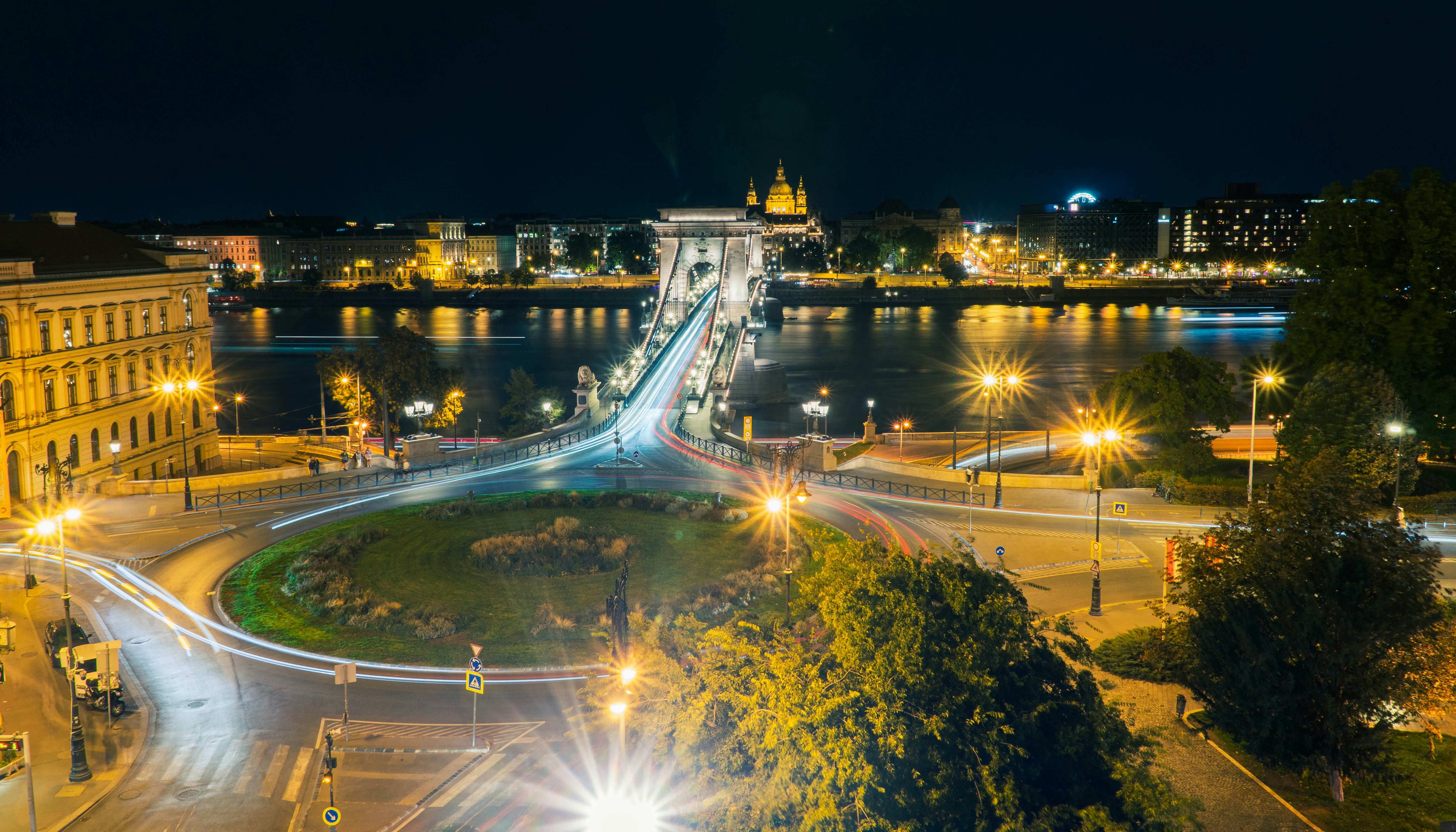 Long exposure light trails on the Széchenyi Chain Bridge over the Danube in Budapest
