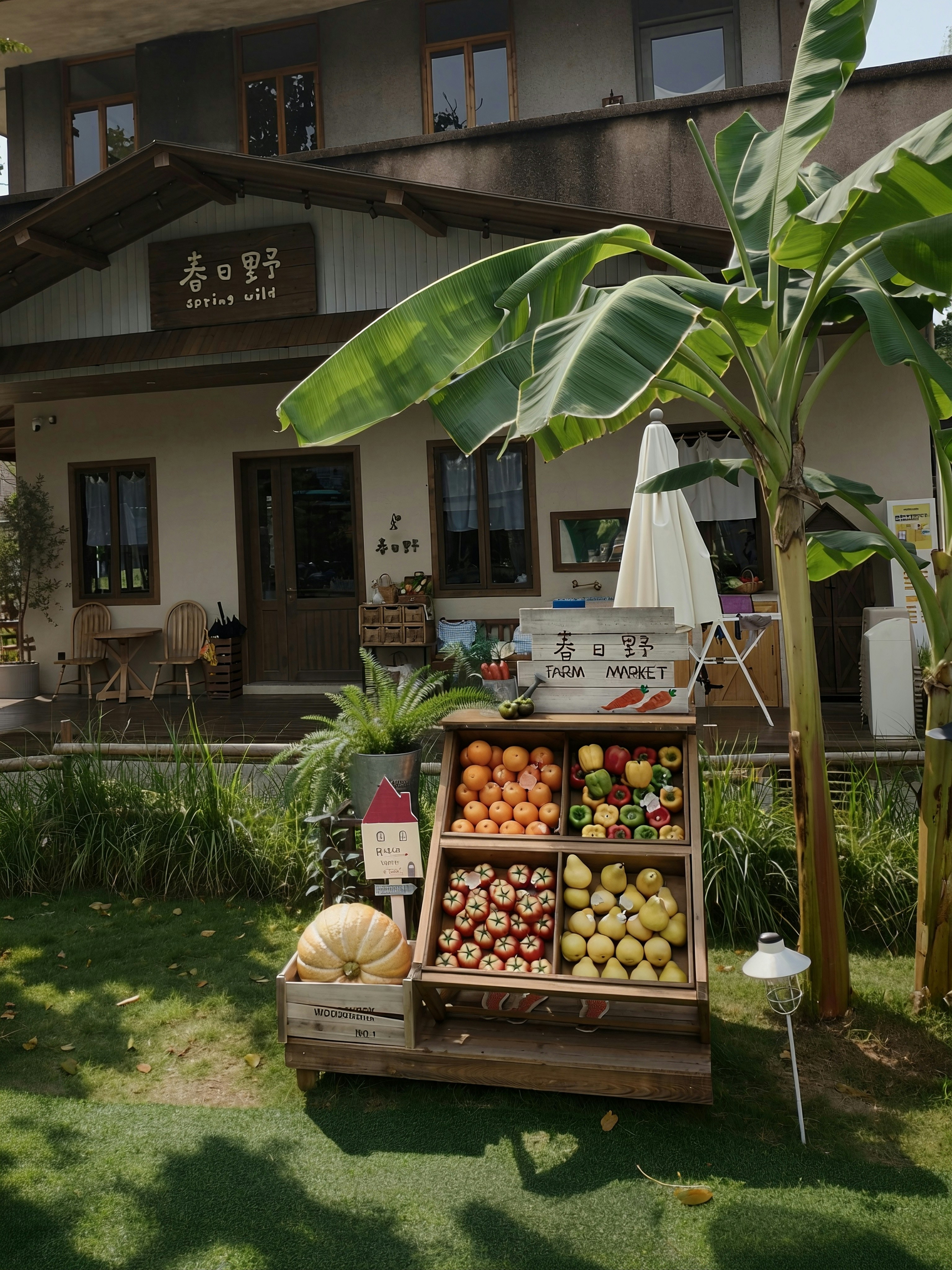A wooden produce stand with oranges, peppers, tomatoes, and pears in front of a cafe