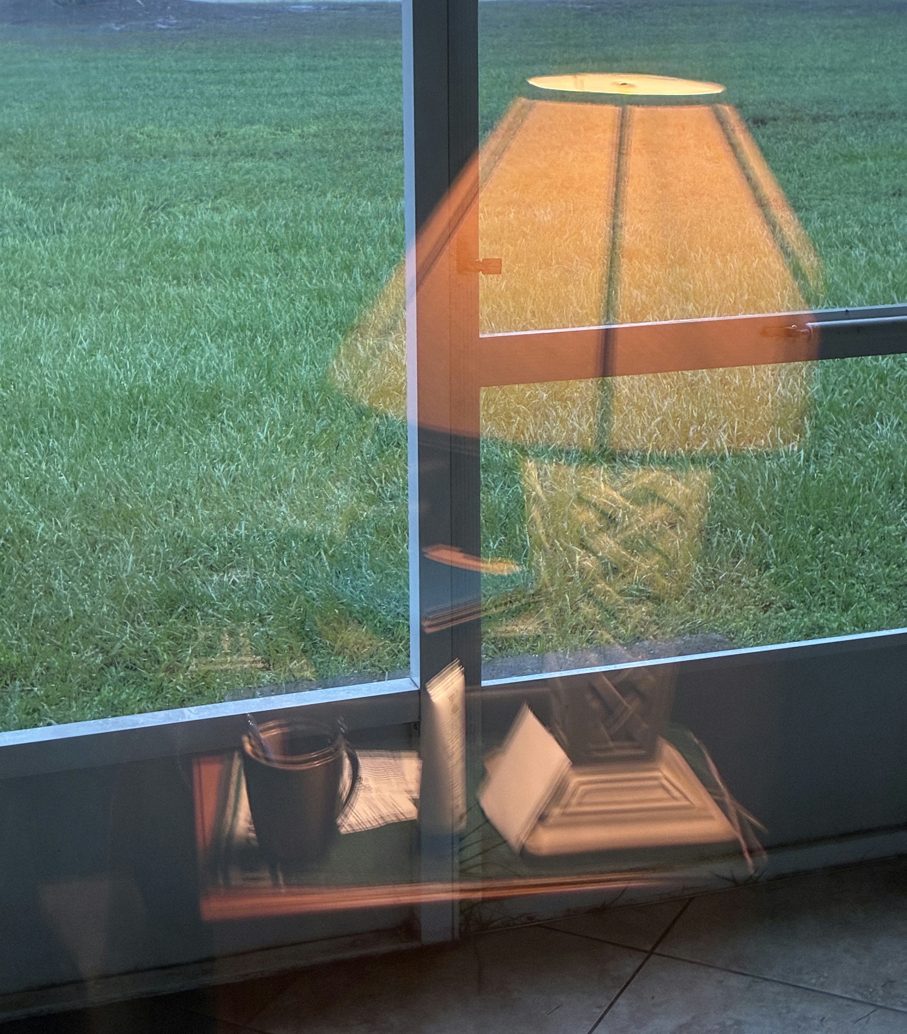 A lamp reflection in a window overlooking a green lawn at dusk