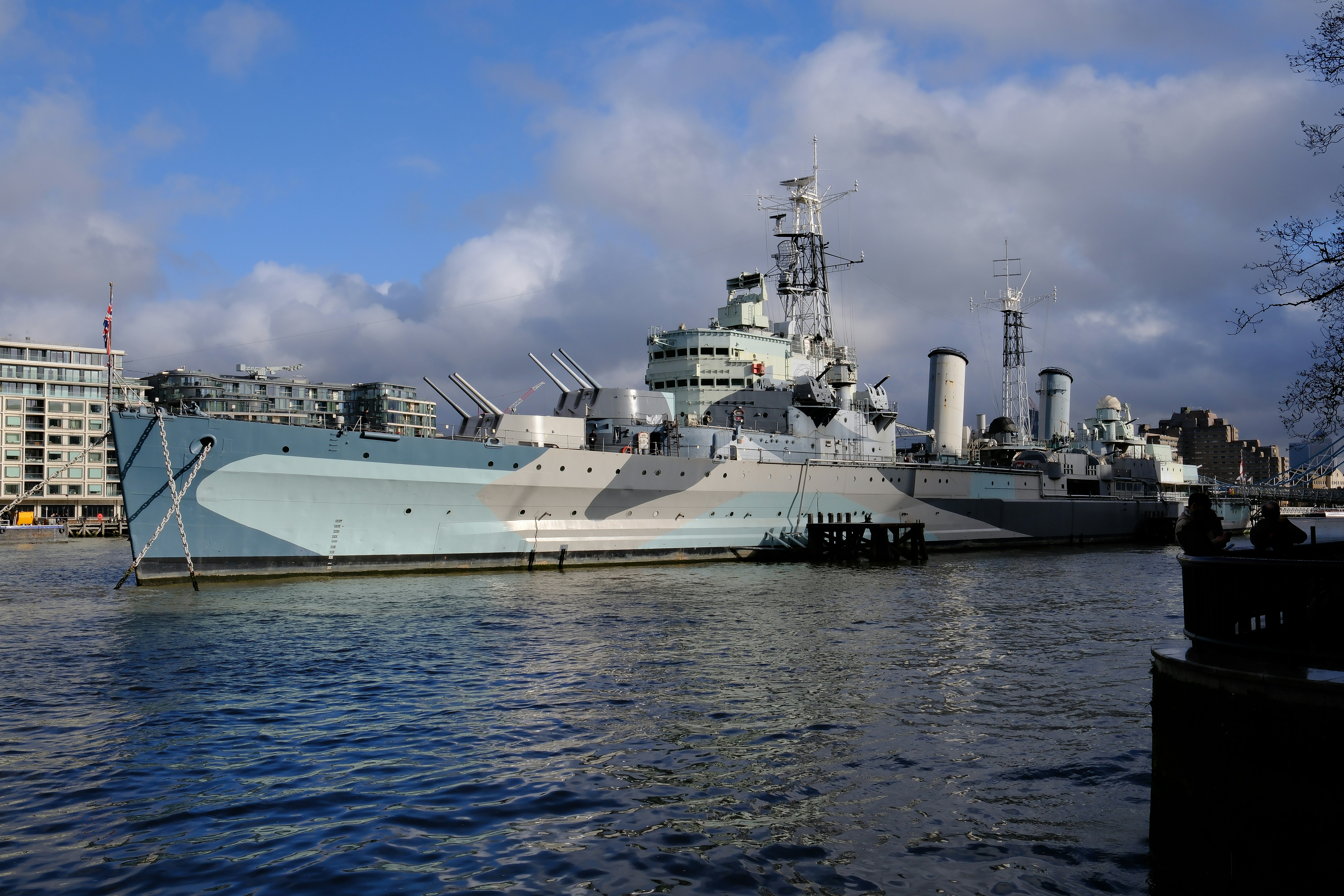 The HMS Belfast warship moored on the River Thames in London