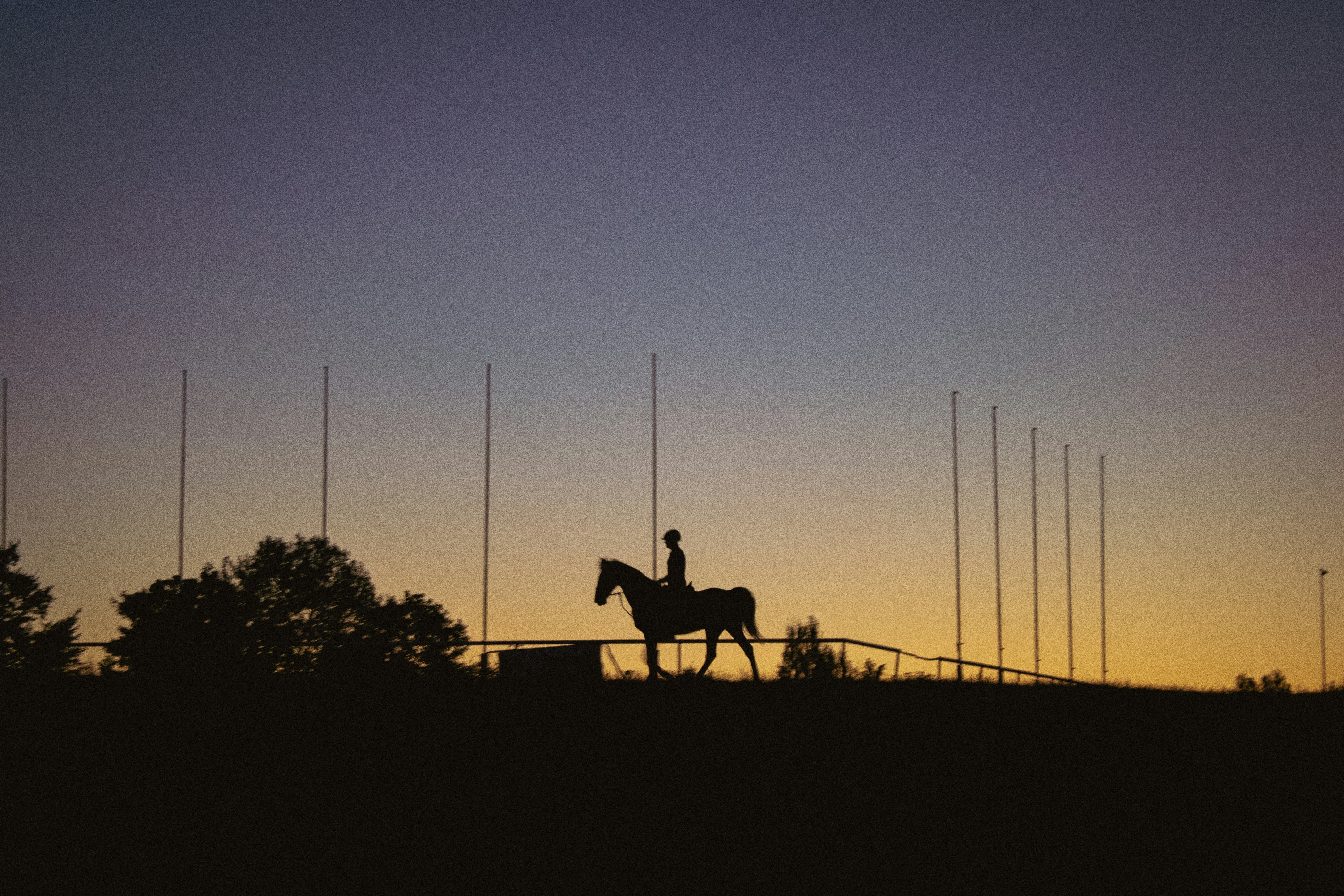 A person riding a horse in silhouette against a warm orange sky