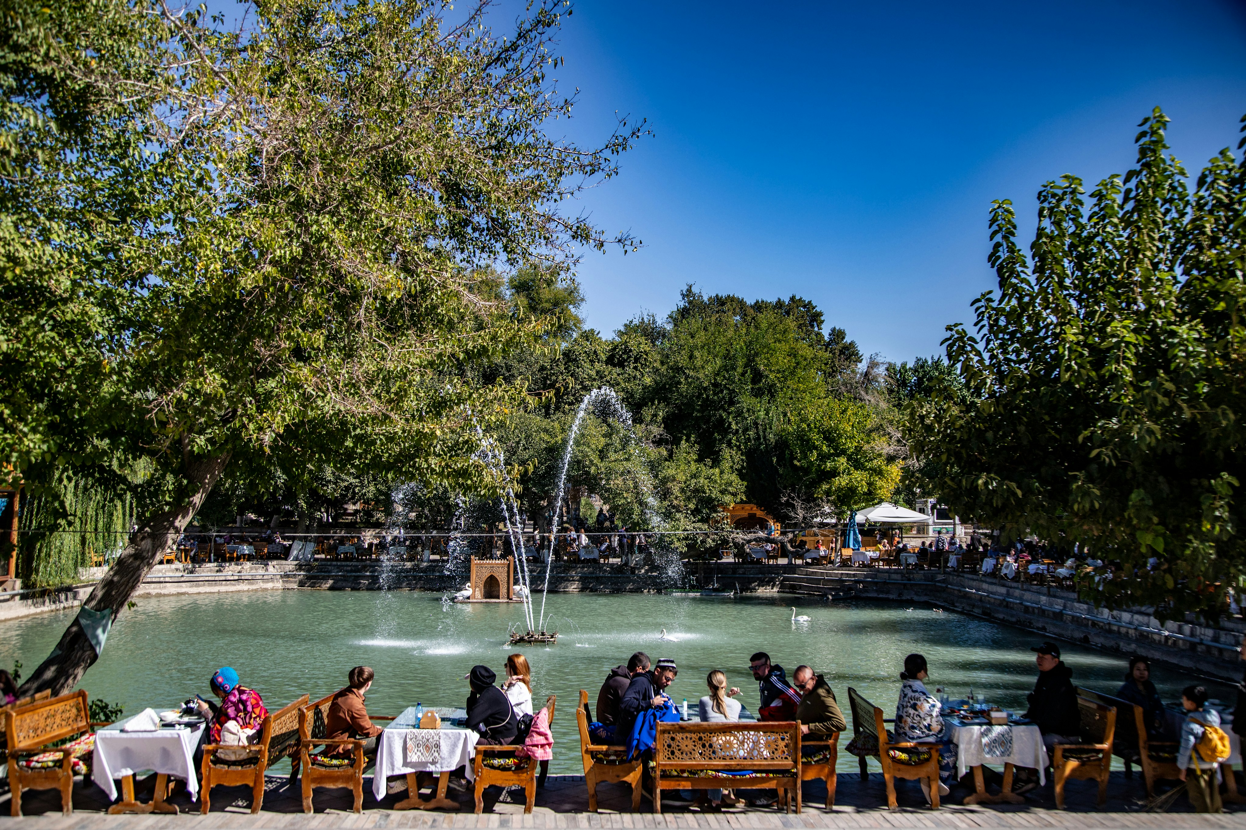 People sitting at tables beside a pond with a fountain in a park