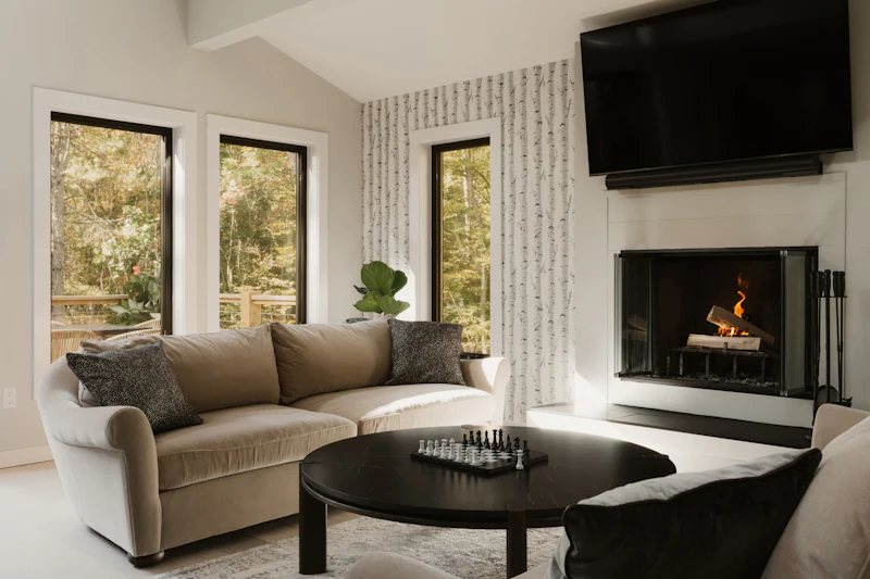 A living room with a fireplace