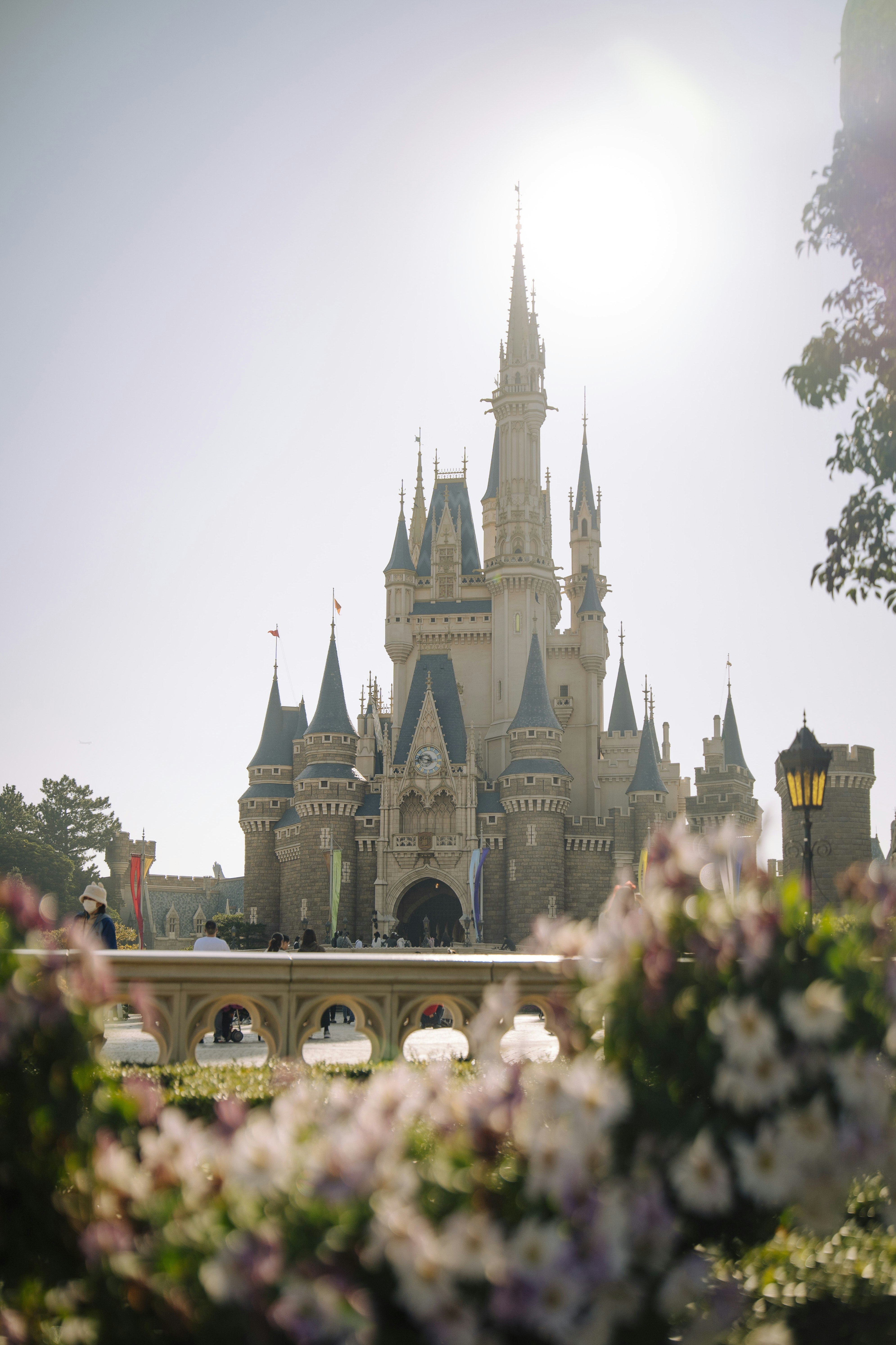Cinderella Castle in Tokyo Disneyland with flowers in the foreground under bright sunlight