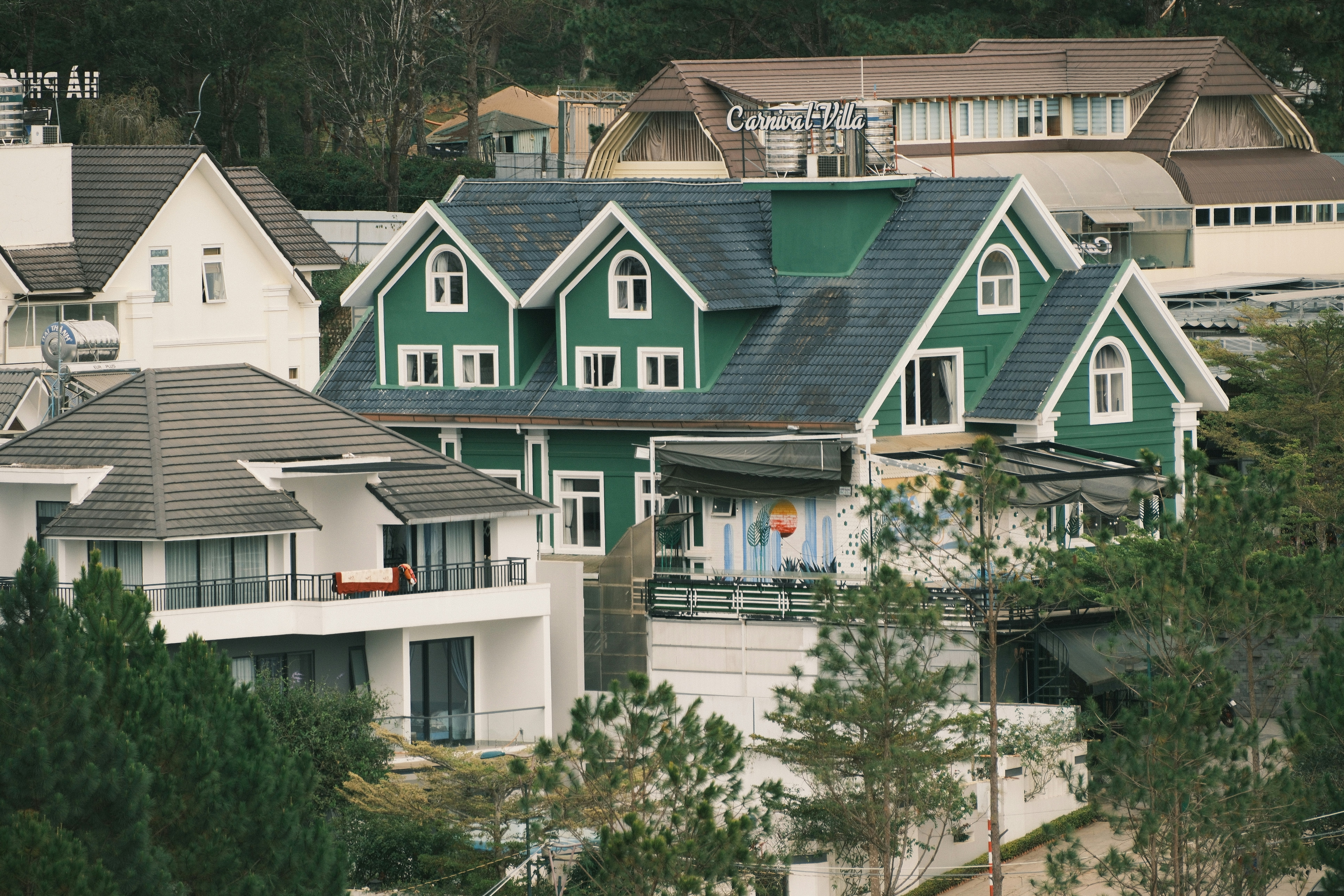 A green house with a dark tiled roof and white trim among other houses and pine trees
