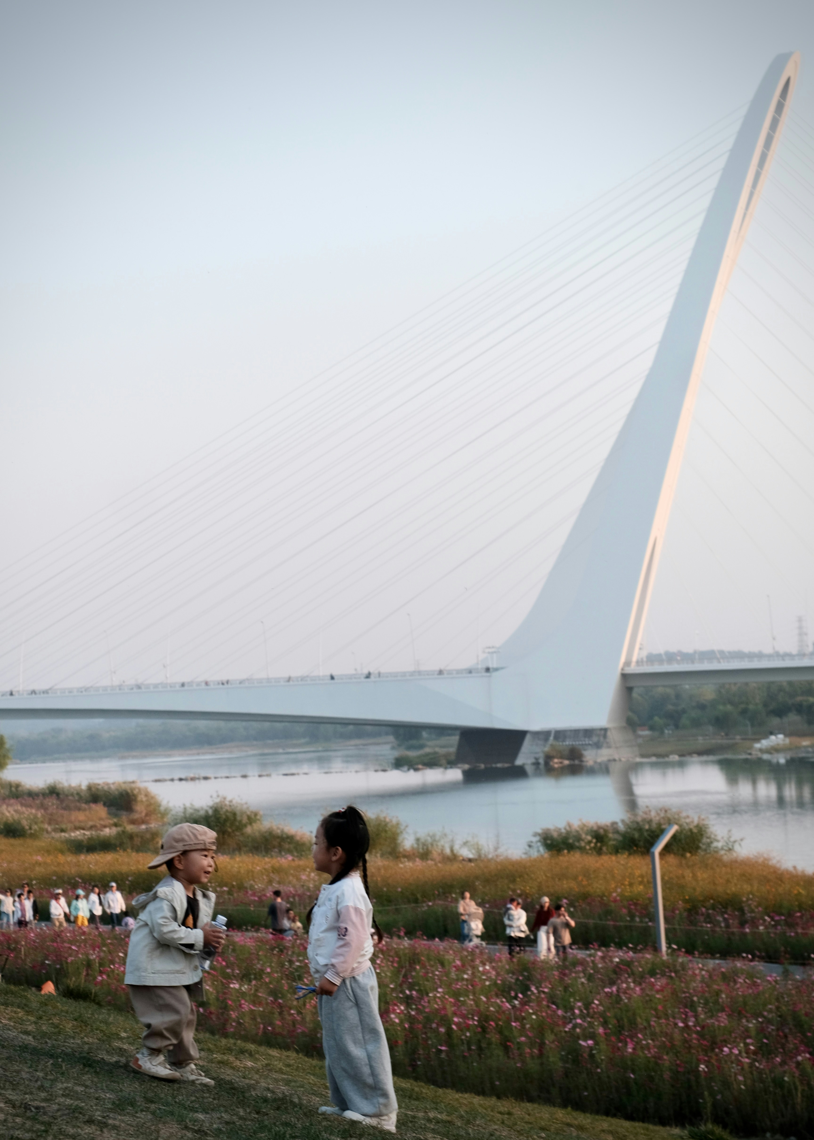 Two children standing on a grassy bank near a large white cable-stayed bridge