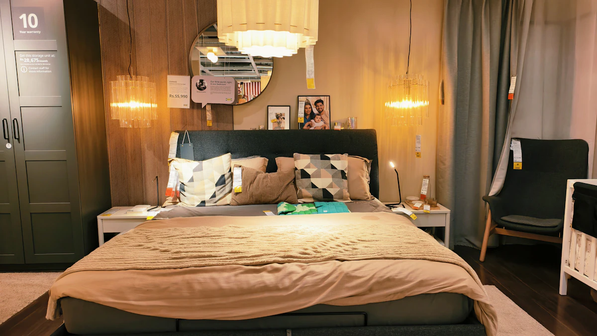 White comforter next to a window