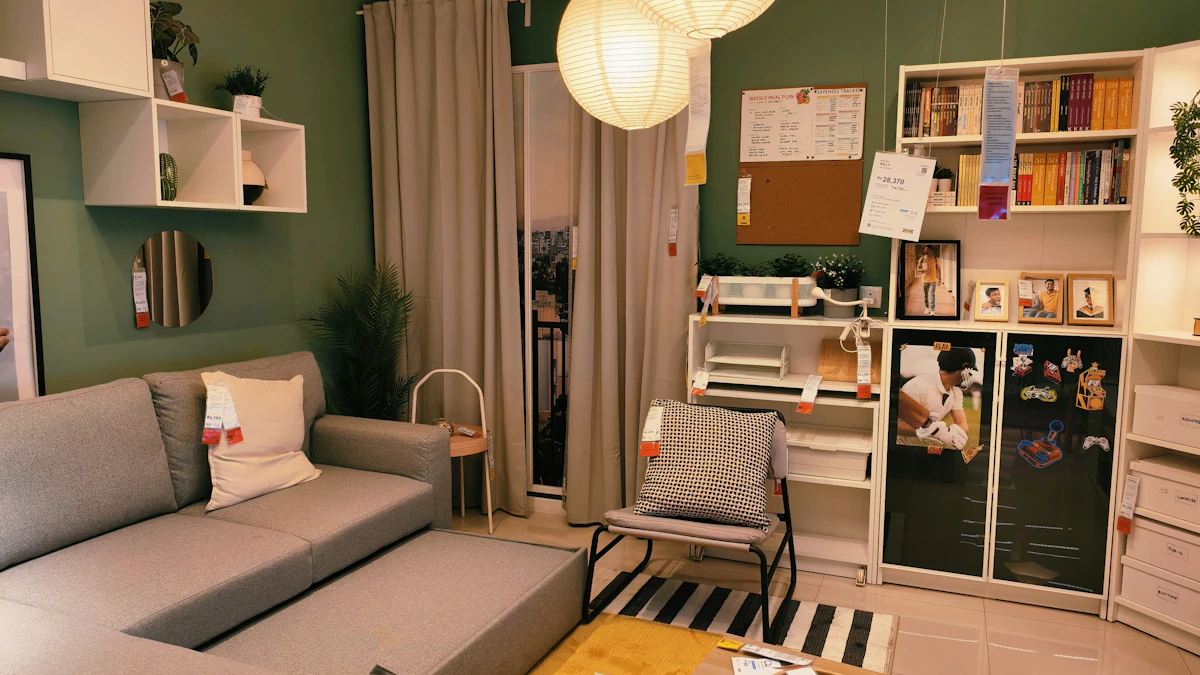 Cozy living room with green walls, a grey sofa, and paper pendant lights