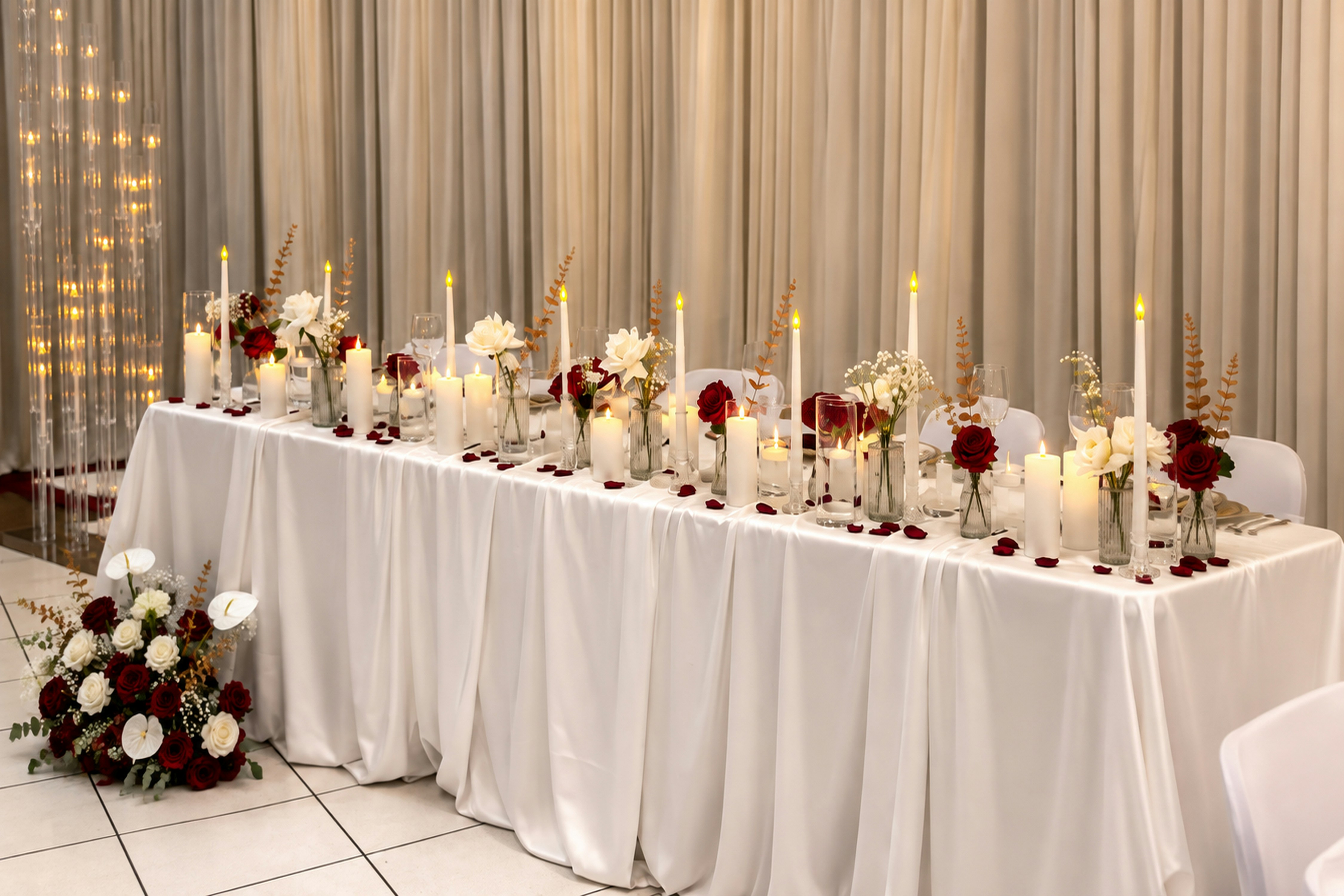 Long winter wedding reception table with a white tablecloth, red and white flowers and lit candles