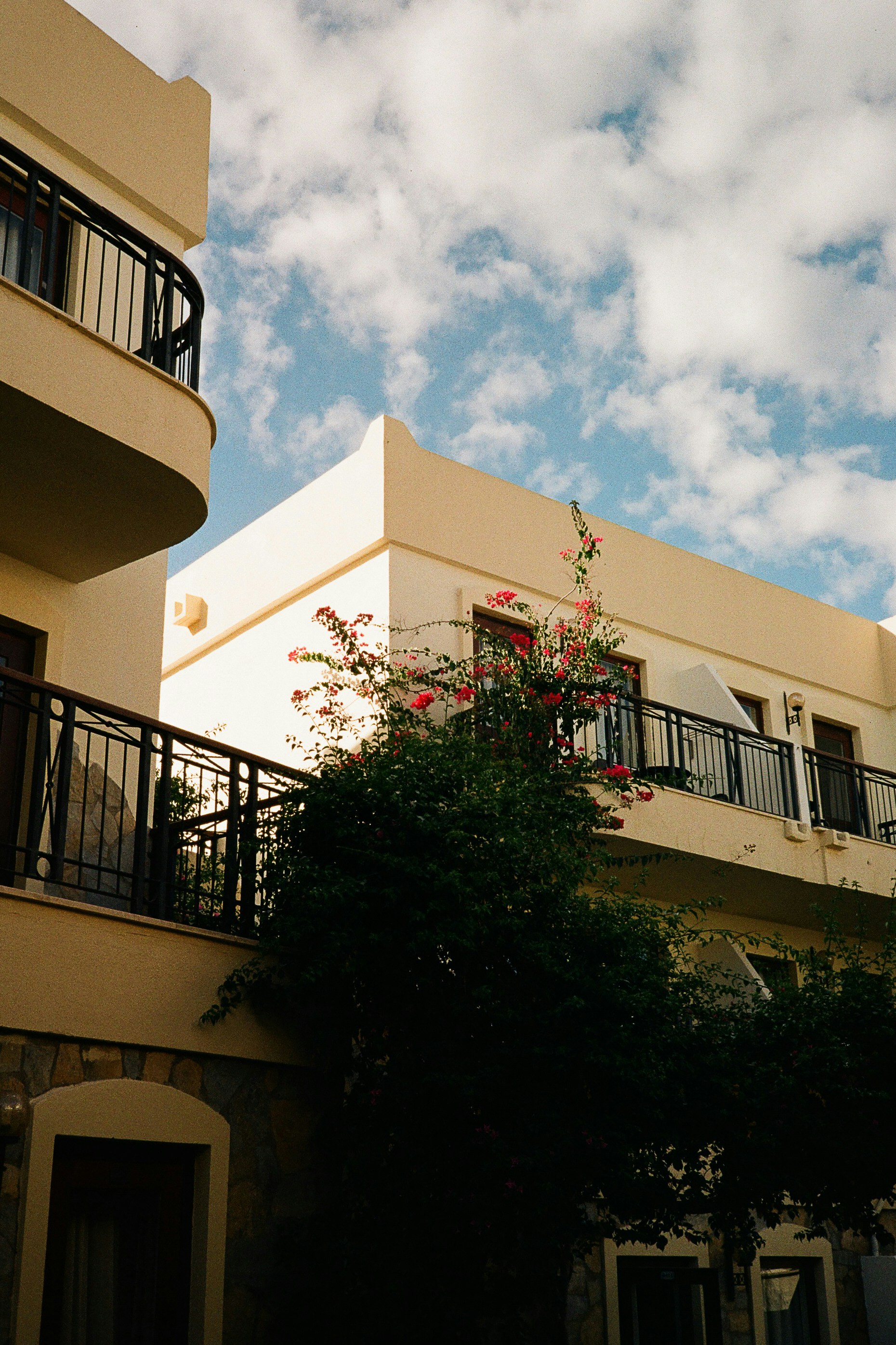 Cream-colored buildings with black railings and blooming bougainvillea in Bodrum, Türkiye