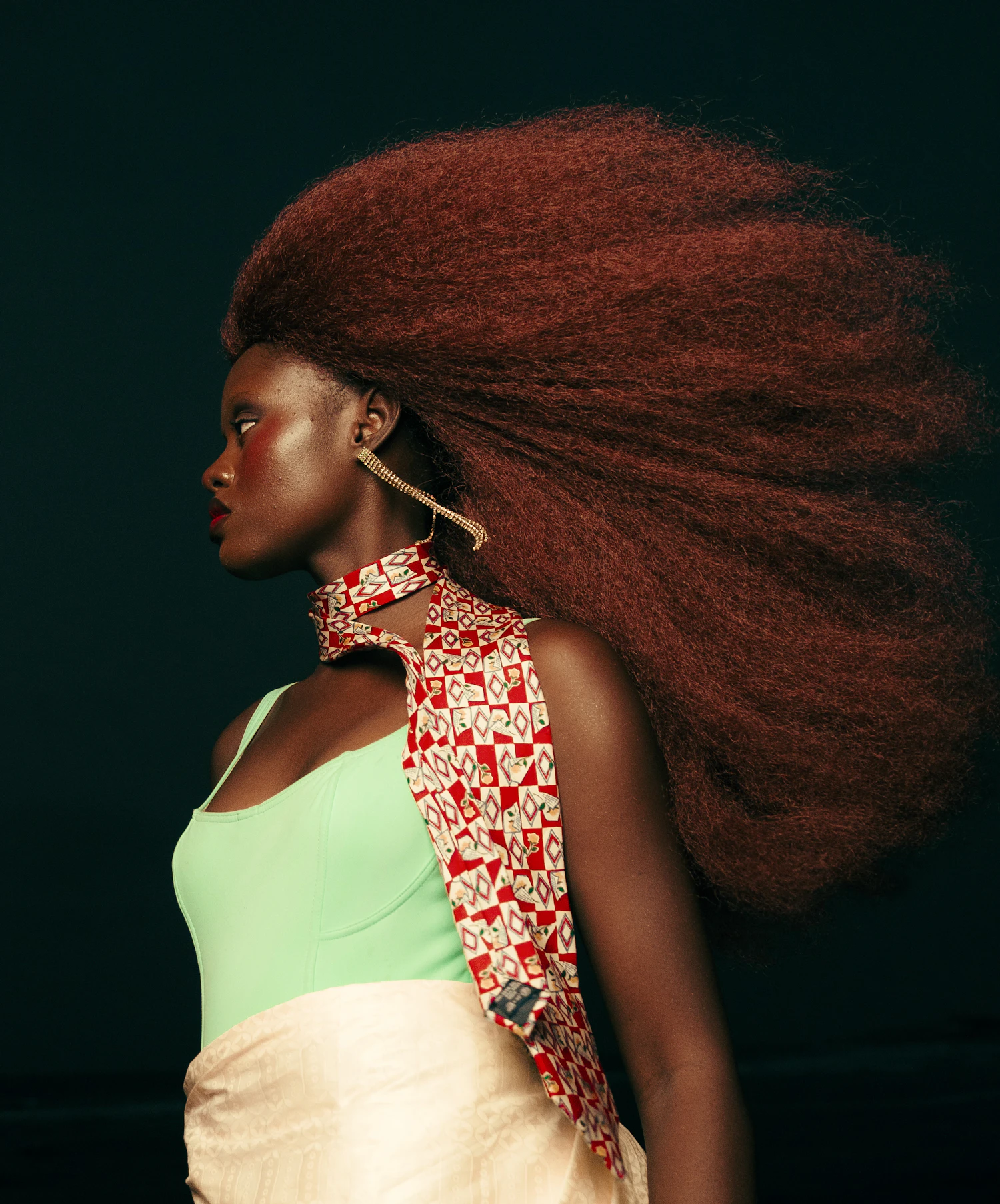 A woman in profile against a black wall, a huge halo of copper-auburn textured hair streaming behind her, a gold earring catching the light