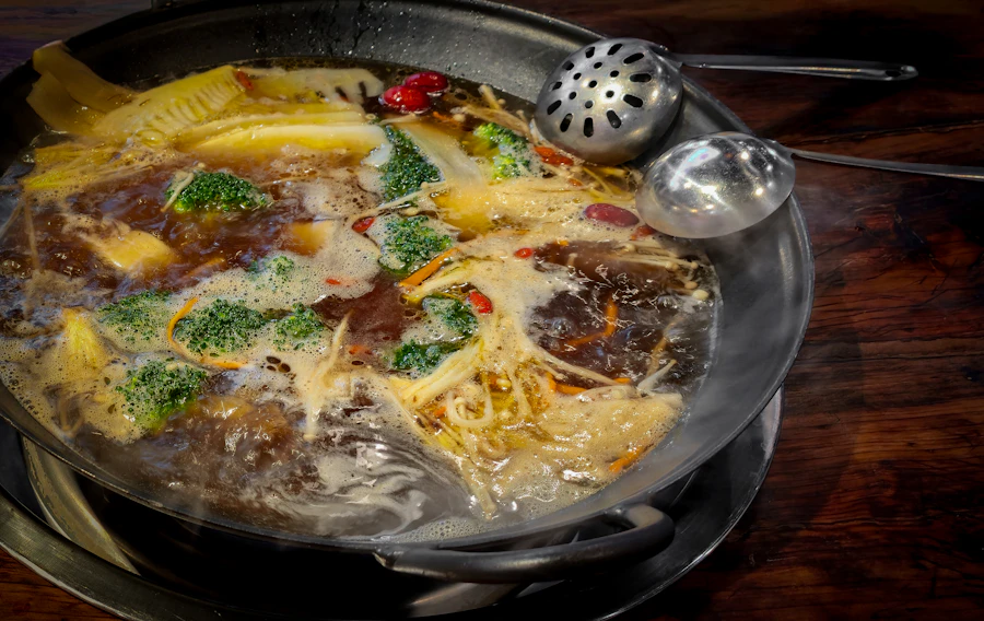 Vegan hot pot with mushrooms and broccoli