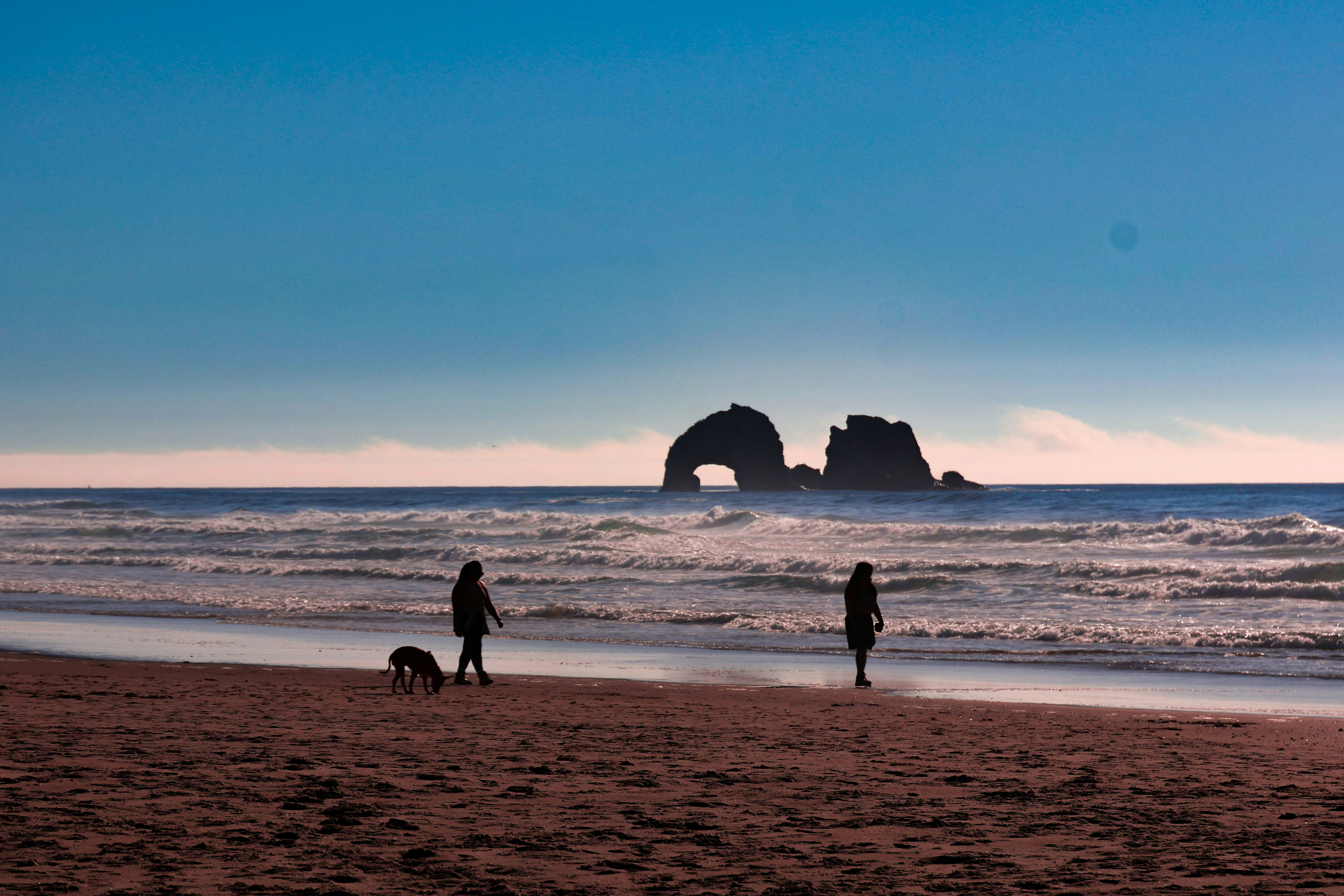 Two people and a dog in silhouette on a sandy beach with a sea arch in the distance
