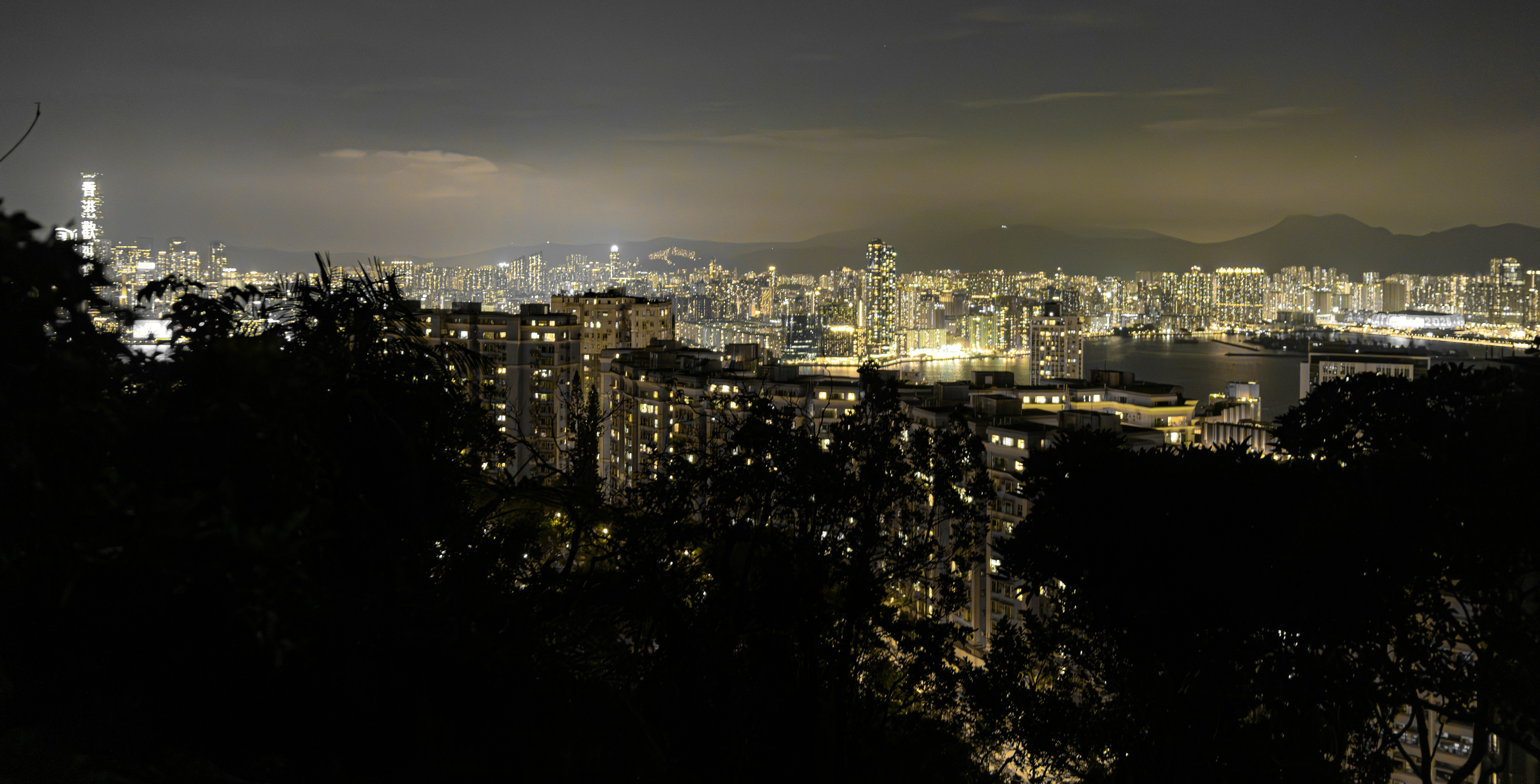 Vista noturna do horizonte iluminado de Hong Kong a partir de uma encosta escura