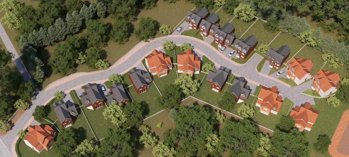 A suburban street of detached houses and green lawns from the air