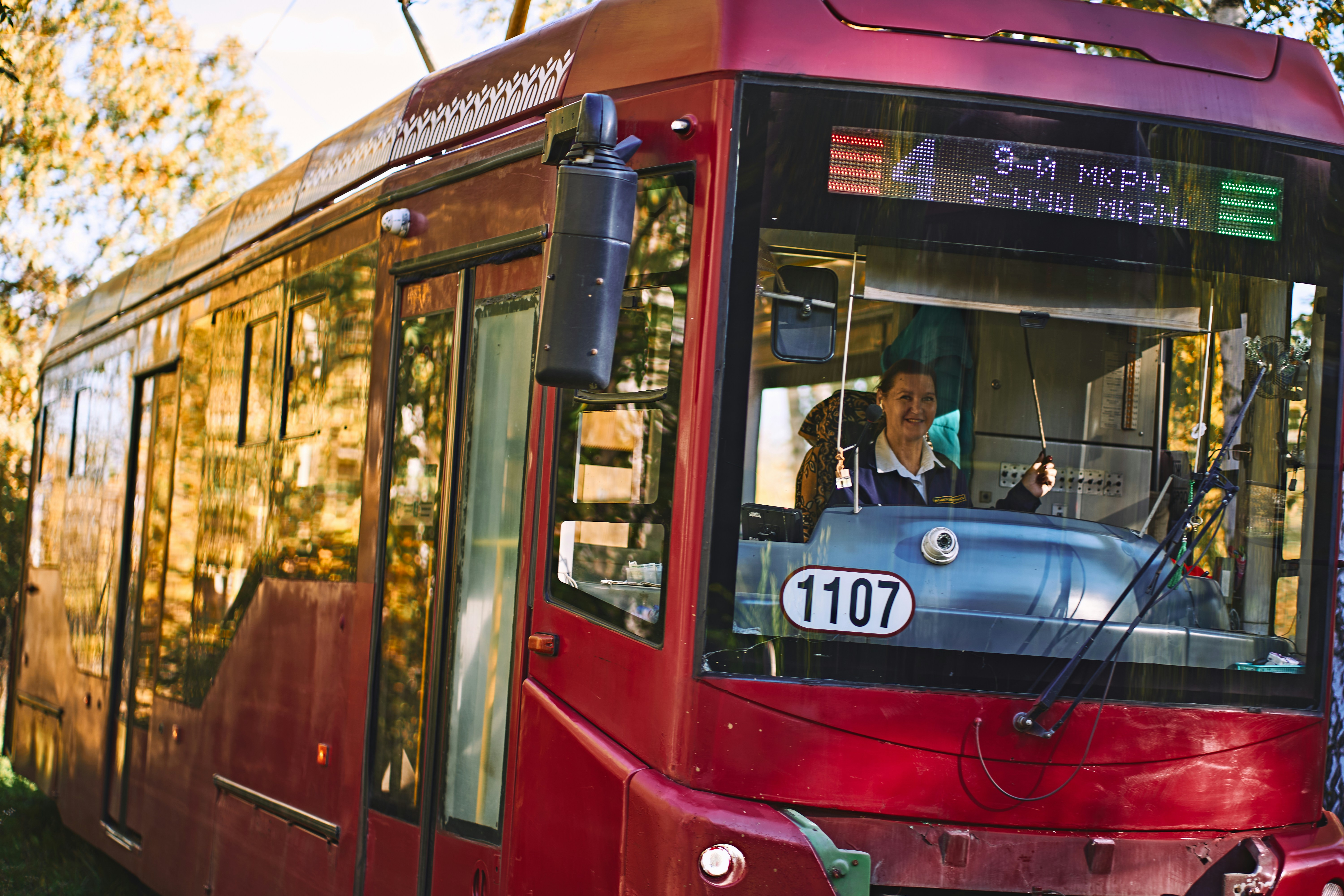 A tram driver operating a red tram on a sunny day with autumn trees in the background