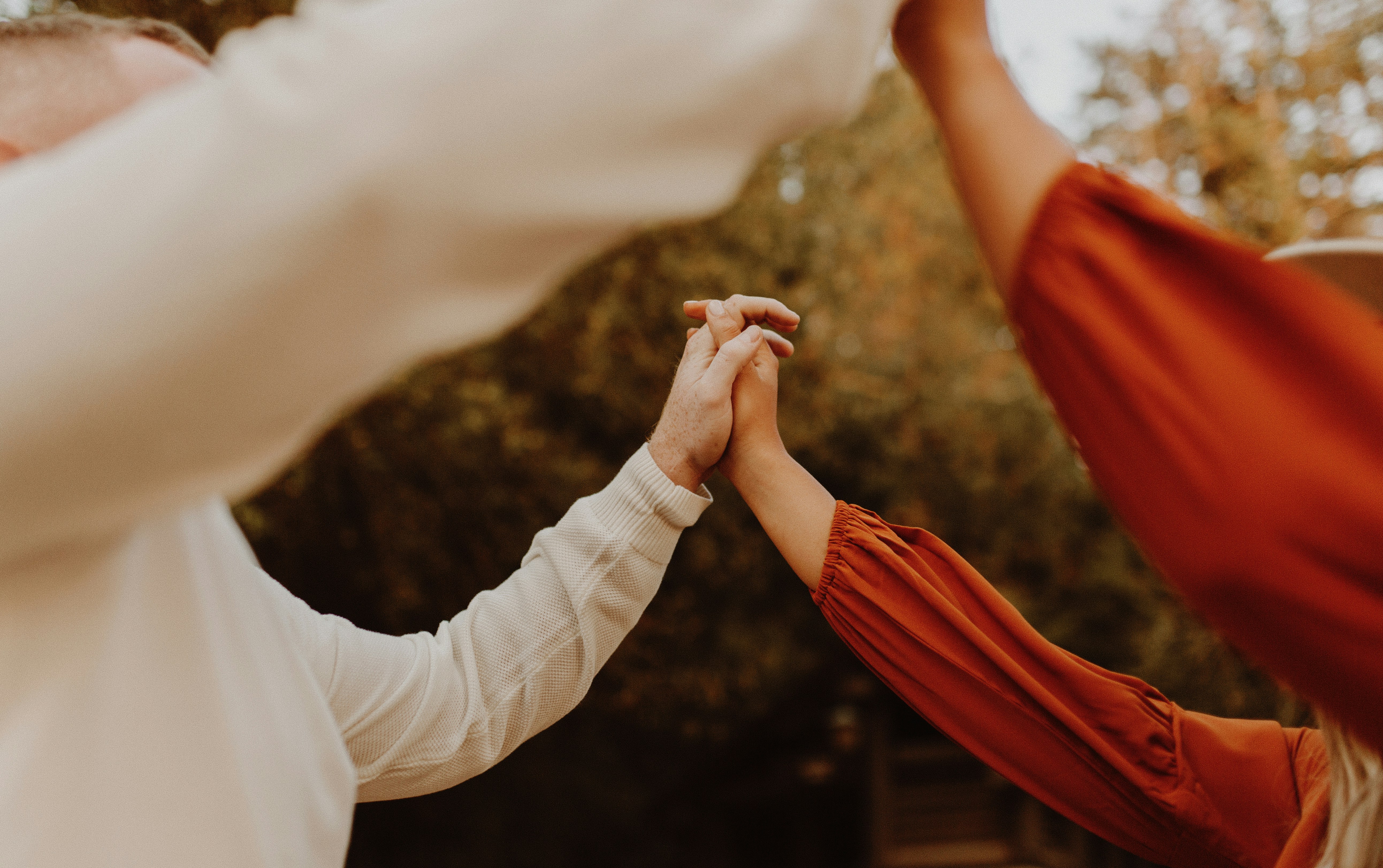 Two people holding hands in a forest during the golden hour