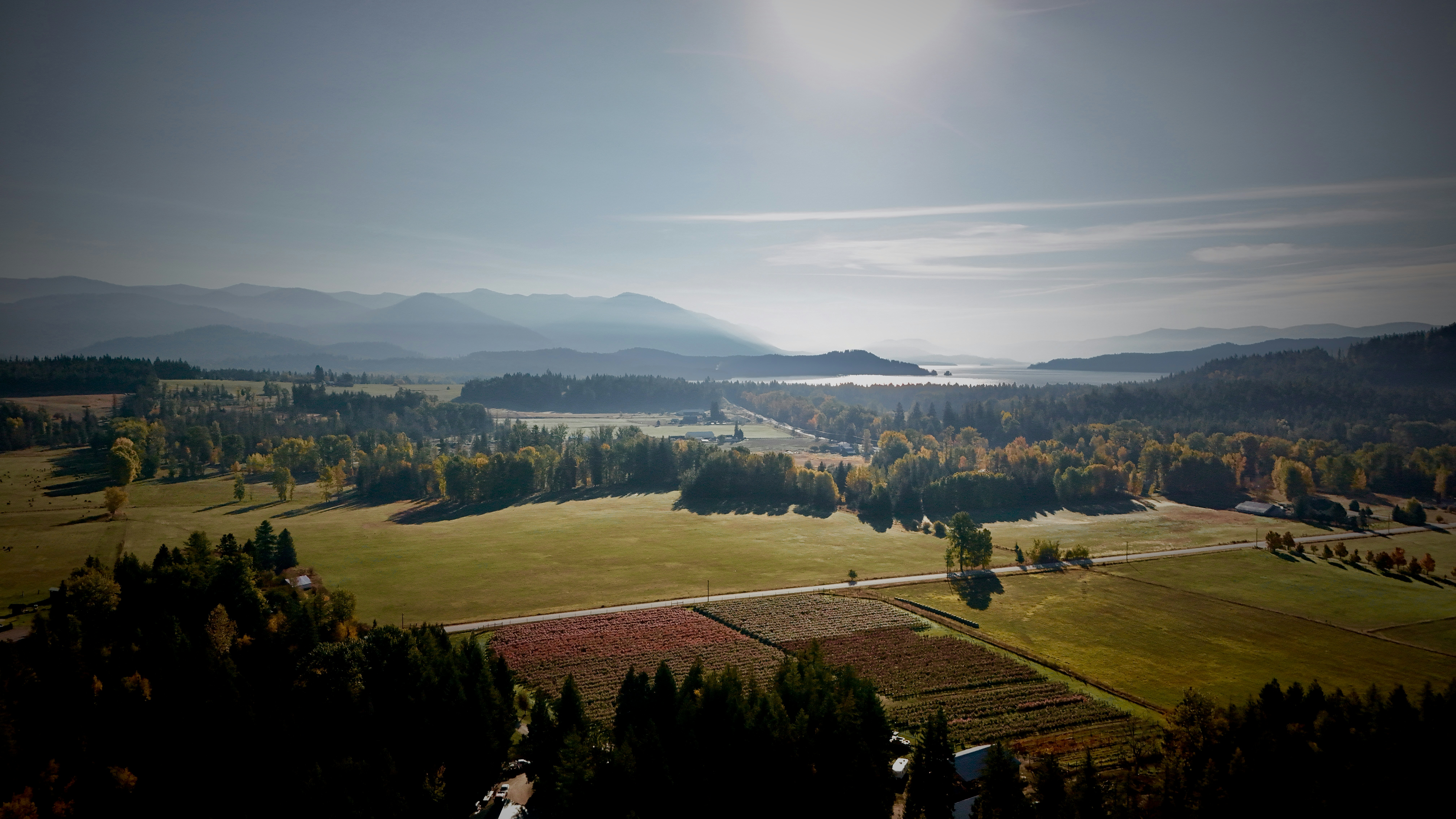 An aerial view of a rural valley with fields and trees under a bright hazy sky