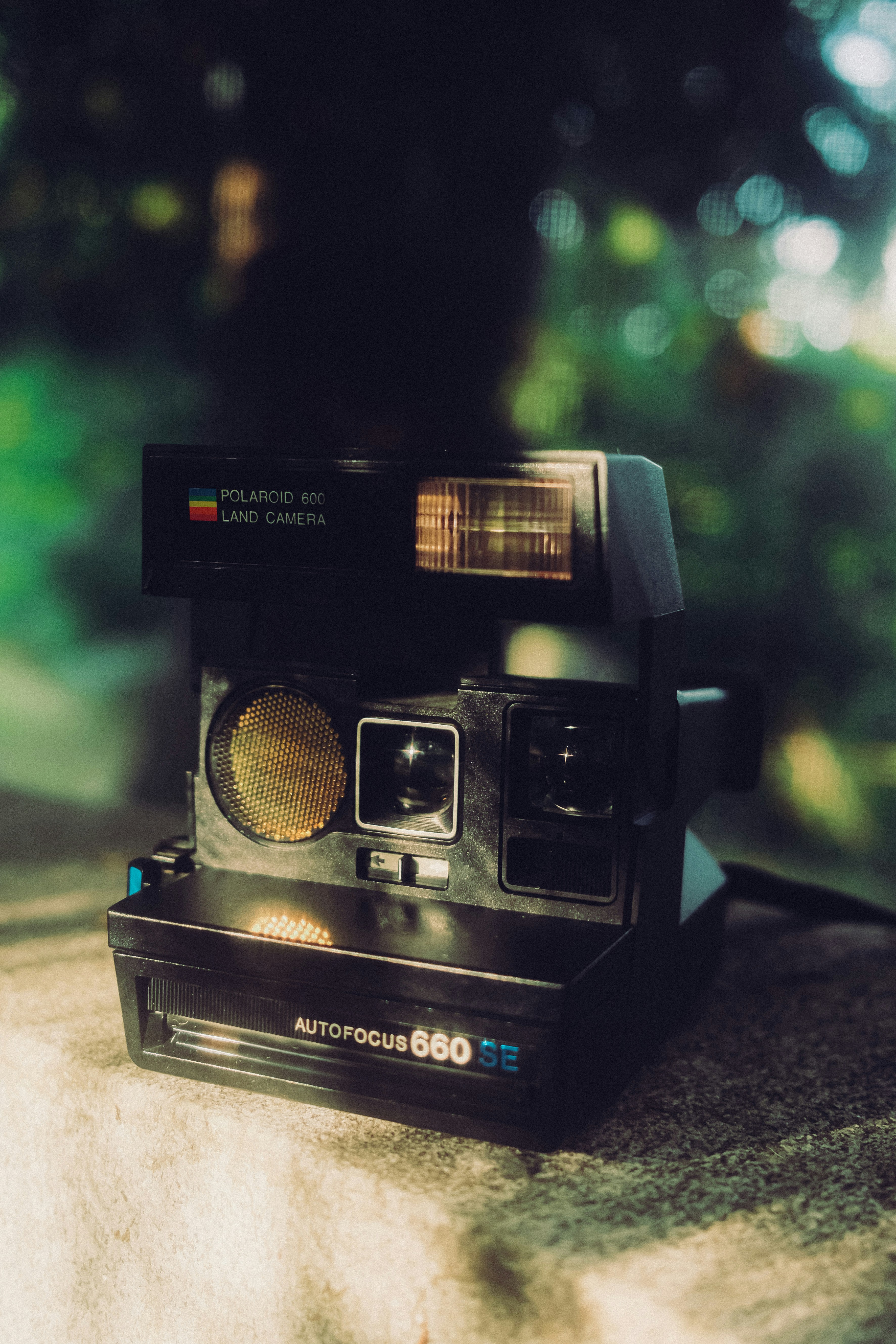 A vintage Polaroid 600 Land Camera on a stone surface with a blurred green background