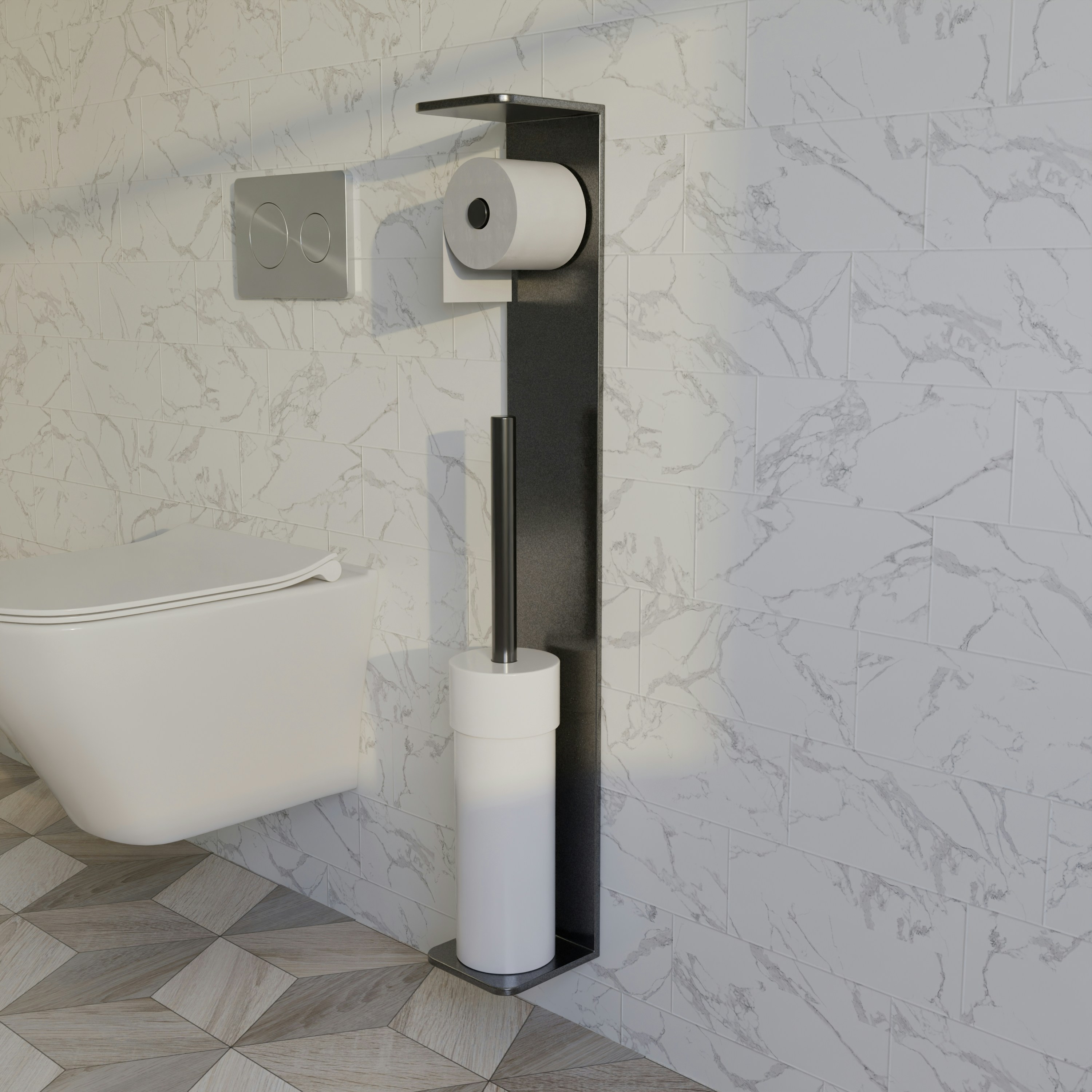 A 3D render of a black metal toilet roll and brush stand against marble tiles