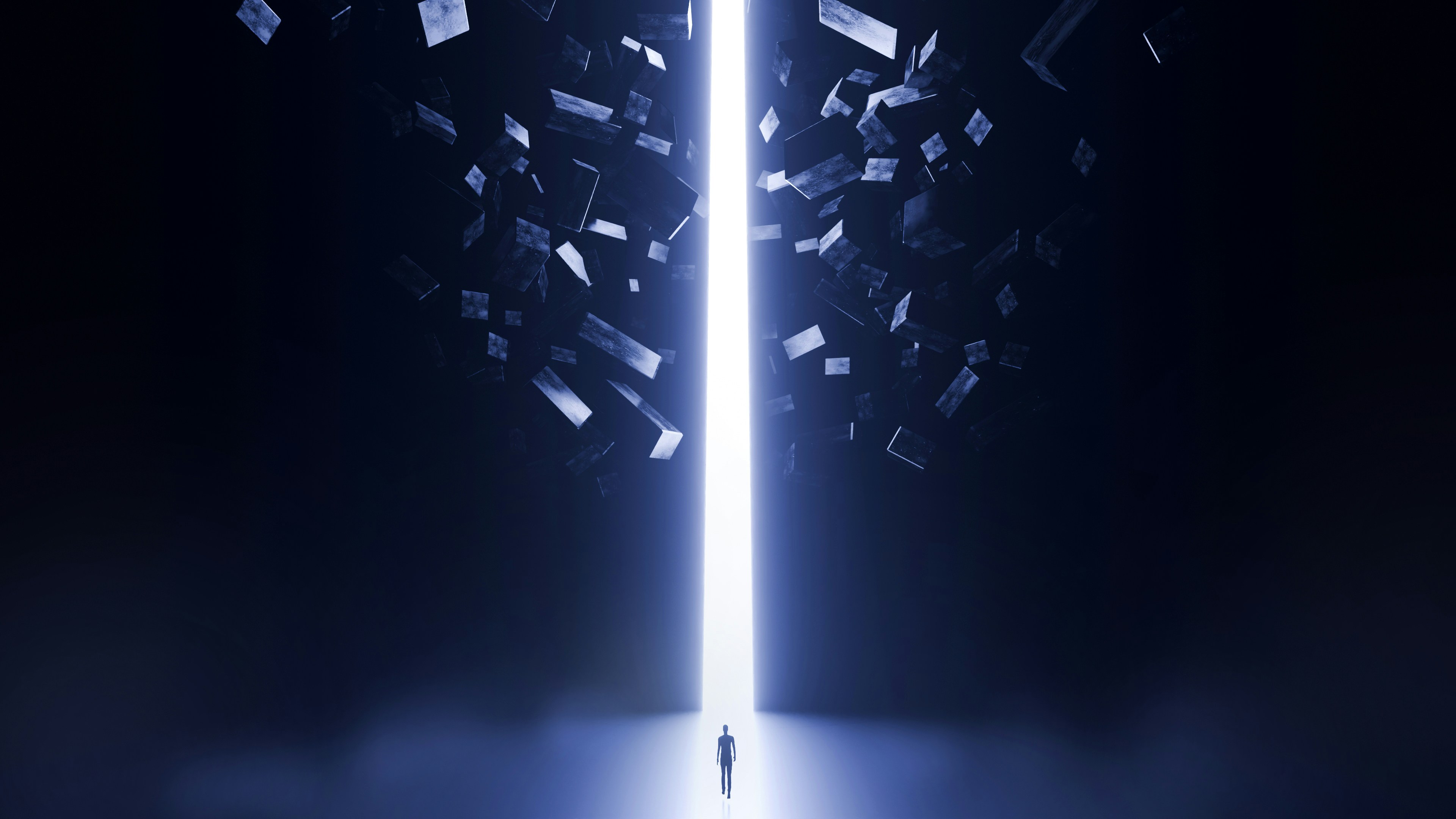 Eine 3D-Darstellung einer Person, die auf ein helles vertikales Lichtportal mit schwebenden dunklen geometrischen Blöcken zugeht.
