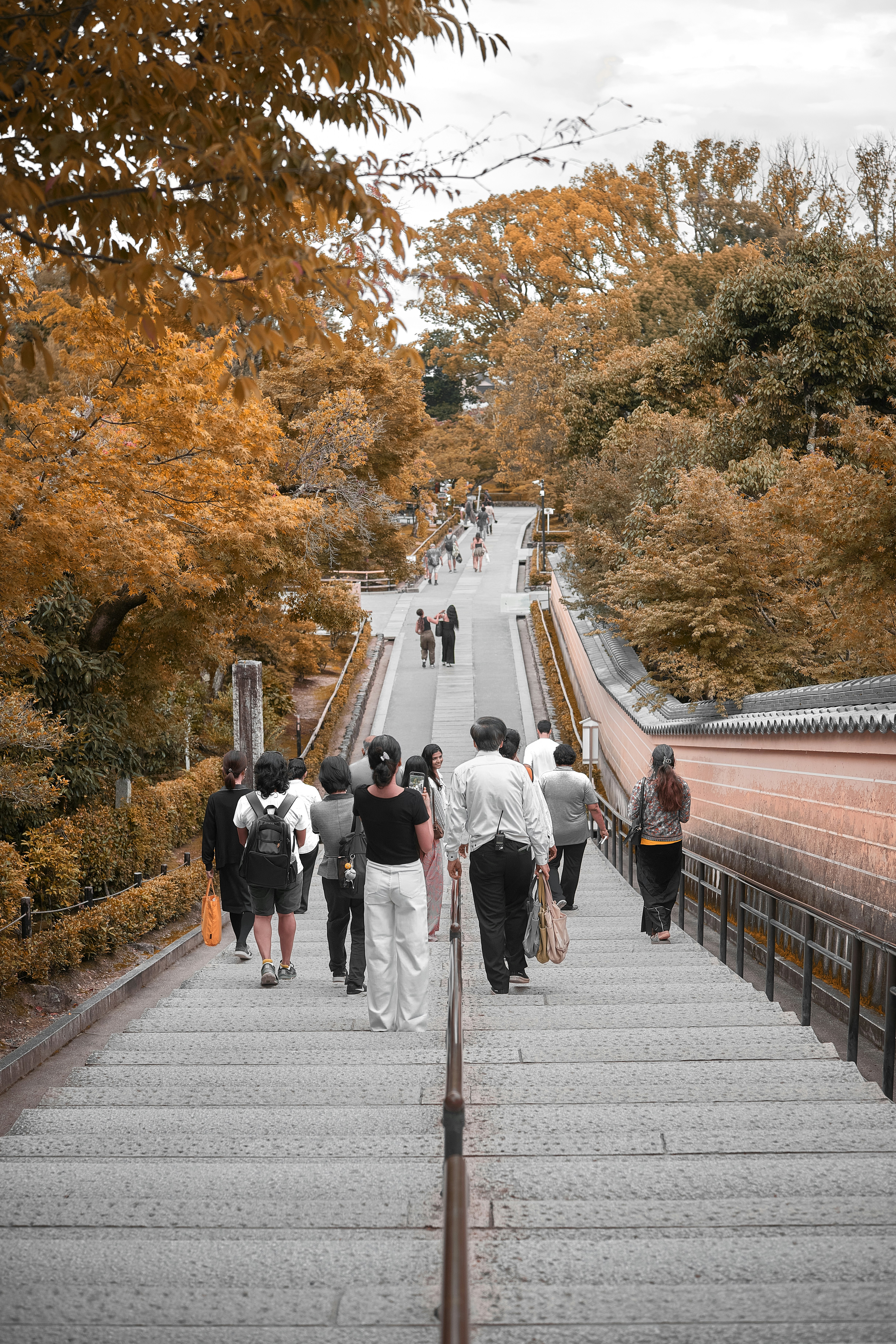 Des gens descendant un long escalier de pierre bordé d’arbres d’automne à Kyoto, au Japon