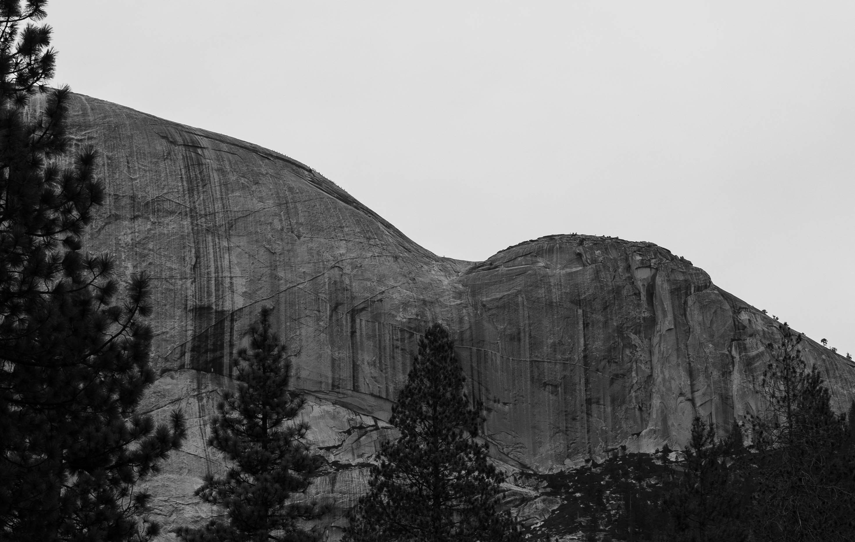 A black and white view of the granite dome of Half Dome in Yosemite National Park